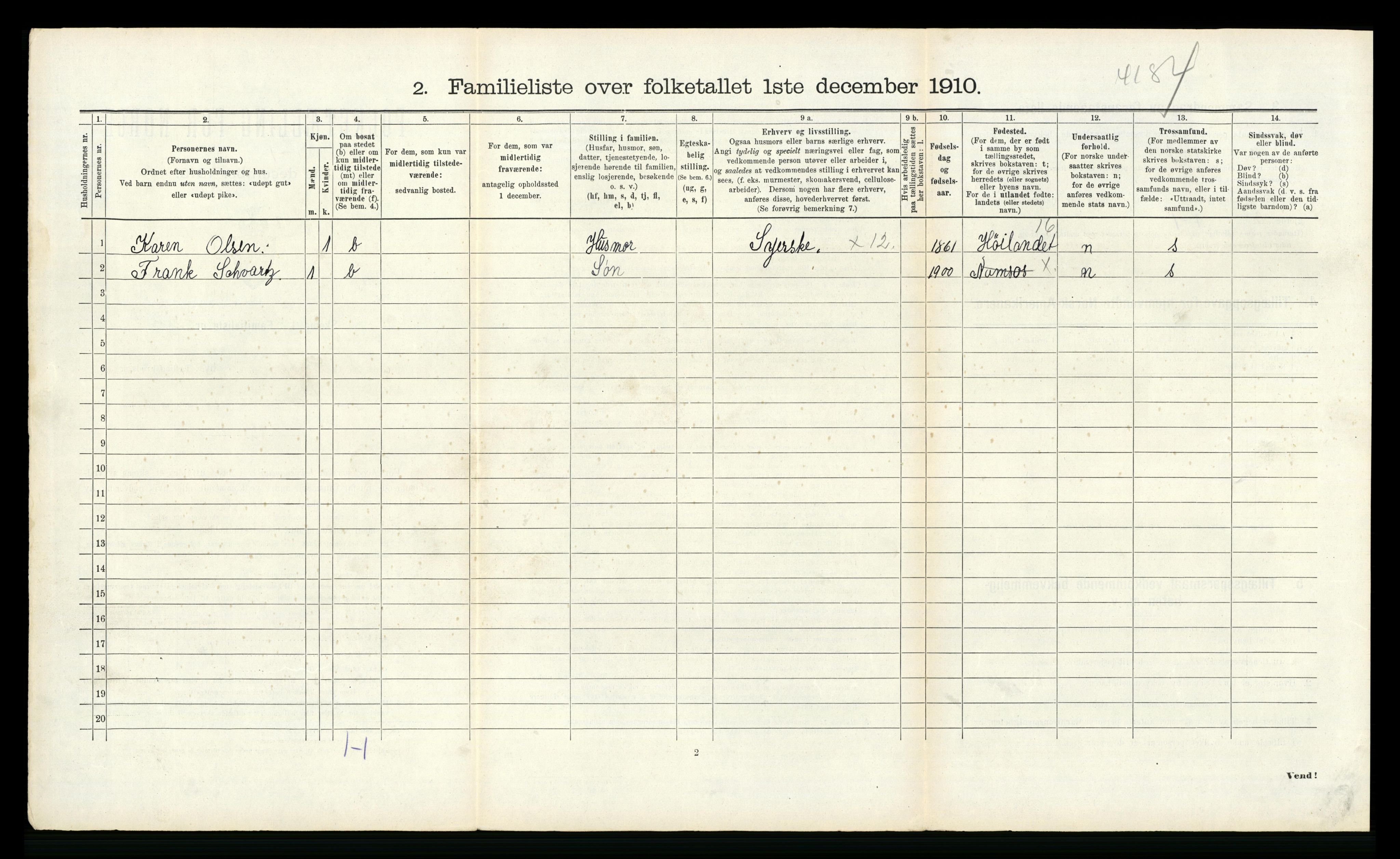 RA, 1910 census for Namsos, 1910, p. 1307