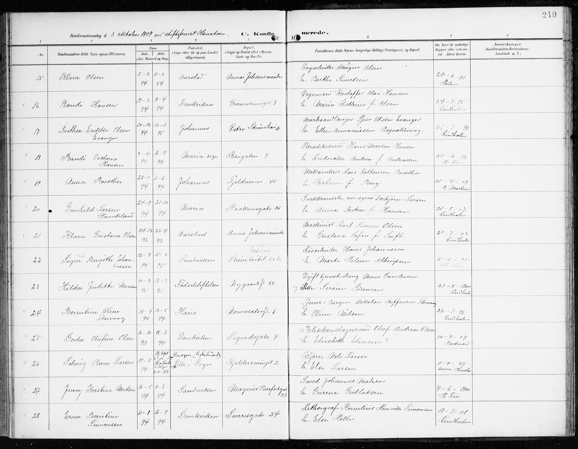 Domkirken sokneprestembete, AV/SAB-A-74801/H/Haa/L0031: Parish register (official) no. C 6, 1898-1915, p. 240