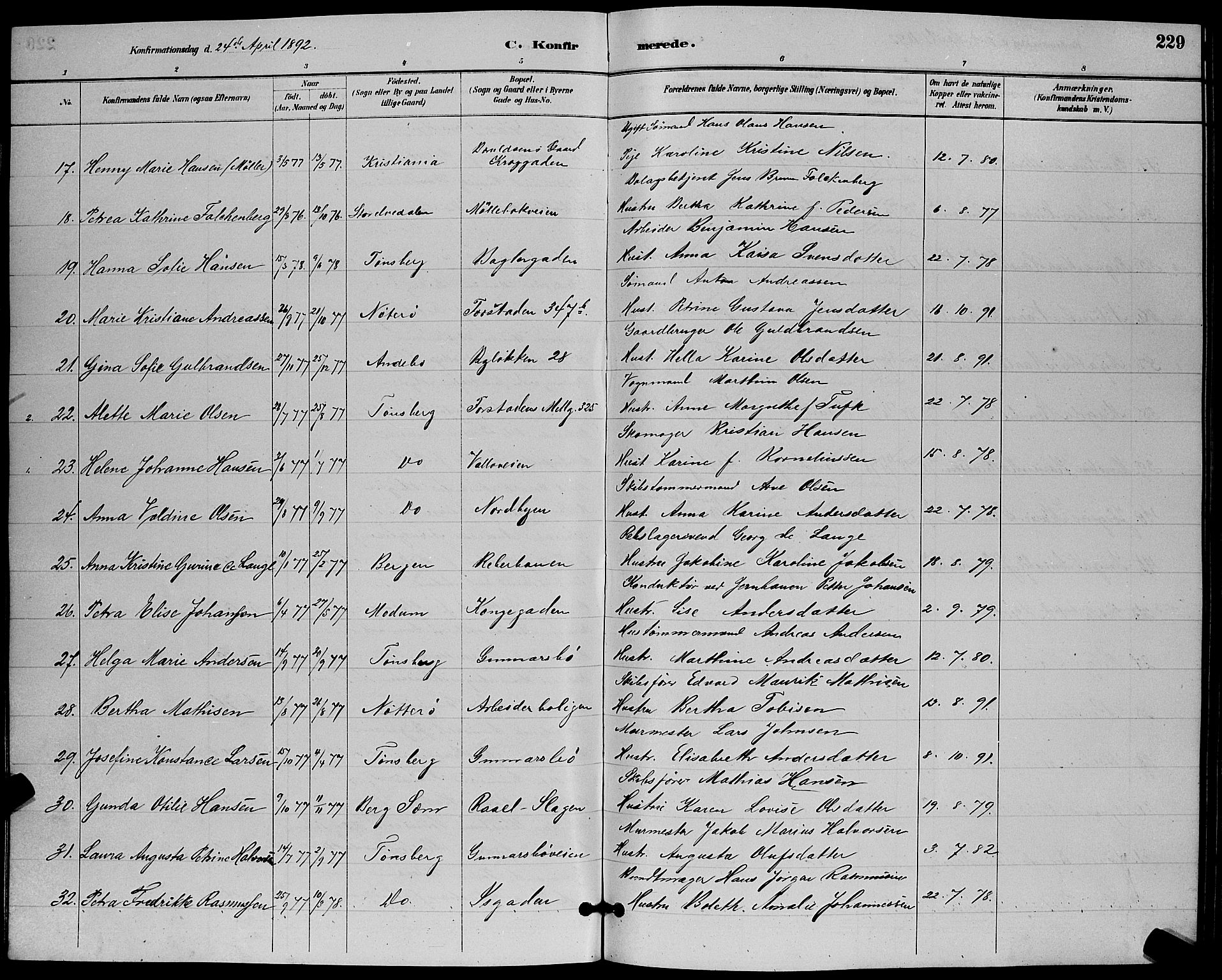 Tønsberg kirkebøker, AV/SAKO-A-330/G/Ga/L0006: Parish register (copy) no. 6, 1885-1895, p. 229