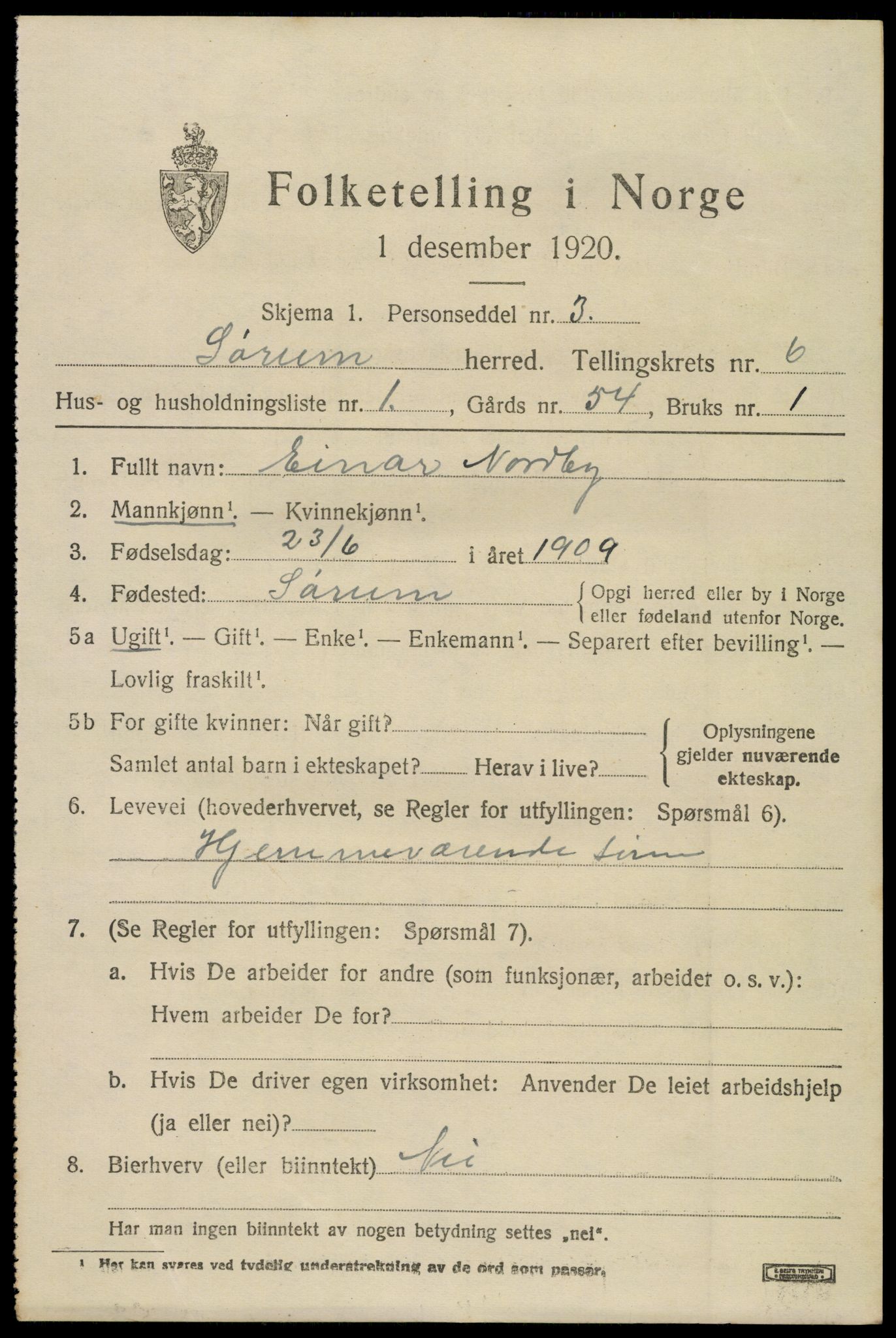 SAO, 1920 census for Sørum, 1920, p. 5451