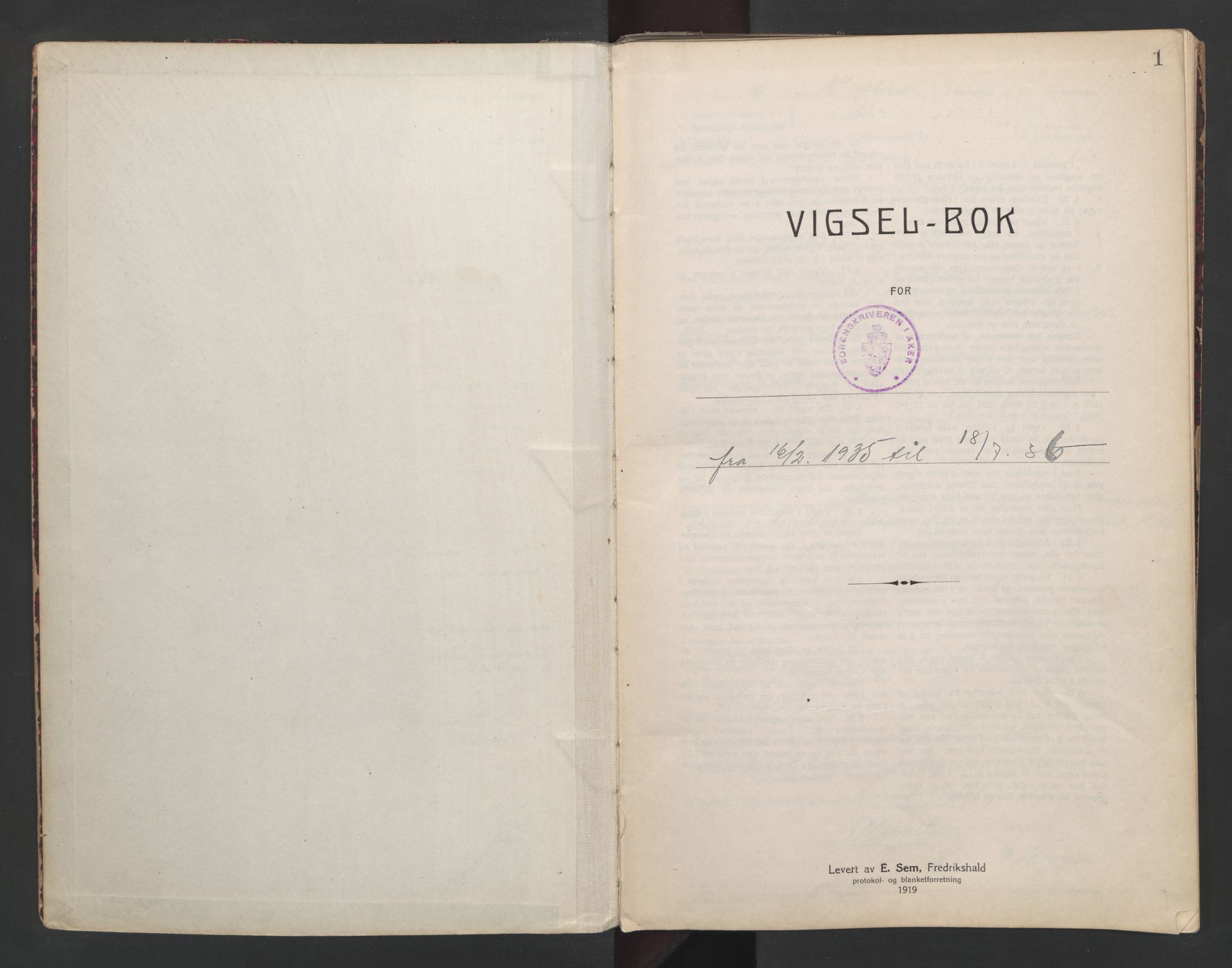 Aker sorenskriveri, SAO/A-10895/L/Lc/Lcb/L0008: Vigselprotokoll, 1935-1936, p. 1