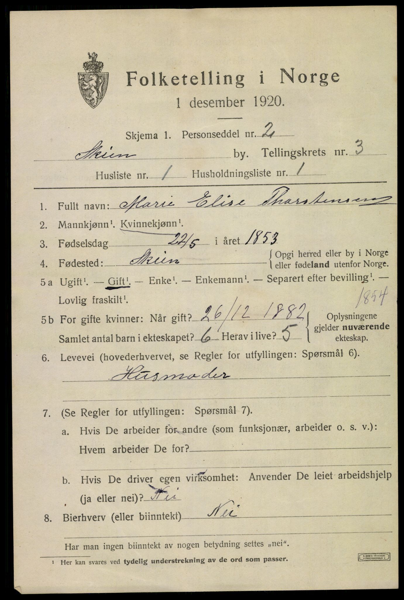 SAKO, 1920 census for Skien, 1920, p. 15170