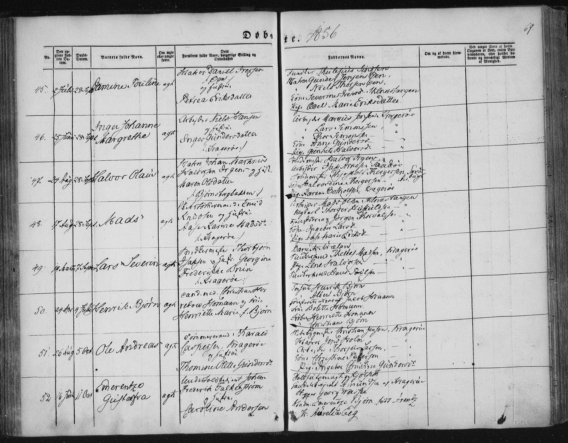 Kragerø kirkebøker, AV/SAKO-A-278/F/Fa/L0006: Parish register (official) no. 6, 1847-1861, p. 69