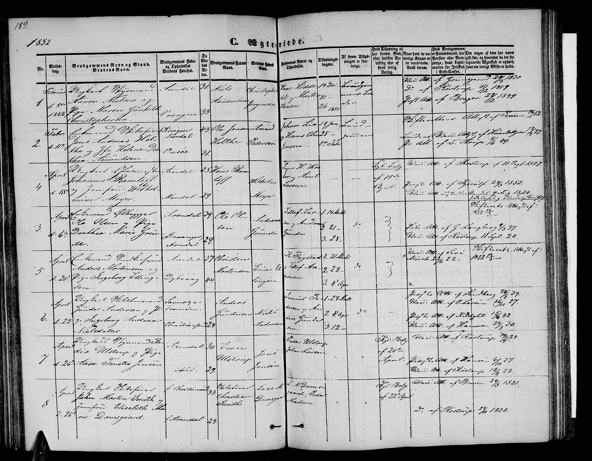 Arendal sokneprestkontor, Trefoldighet, SAK/1111-0040/F/Fb/L0002: Parish register (copy) no. B 2, 1838-1860, p. 189