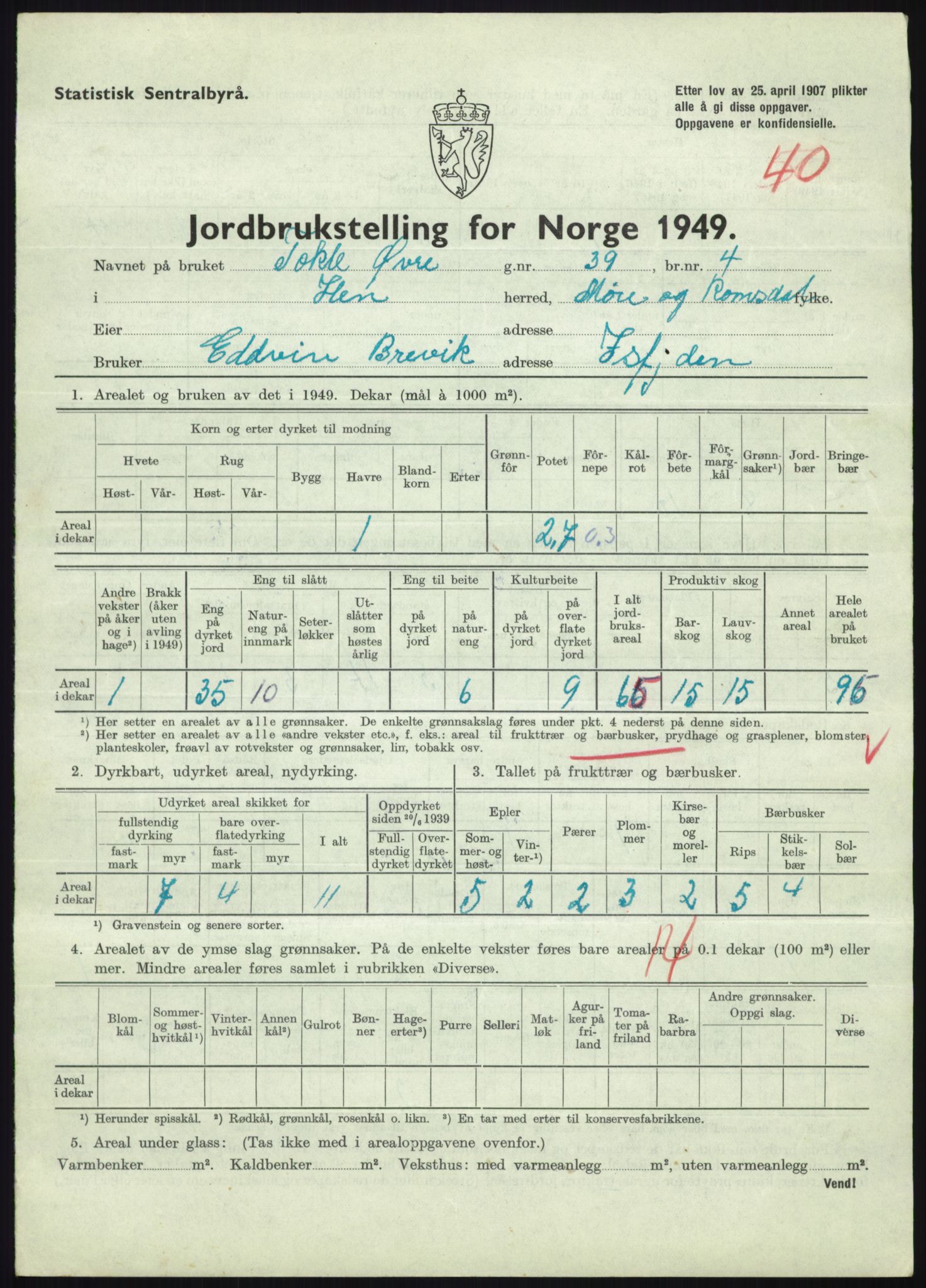 Statistisk sentralbyrå, Næringsøkonomiske emner, Jordbruk, skogbruk, jakt, fiske og fangst, AV/RA-S-2234/G/Gc/L0323: Møre og Romsdal: Grytten og Hen, 1949, p. 805