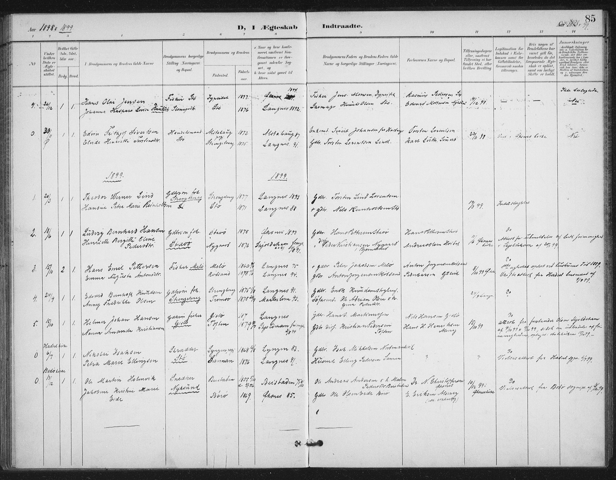 Ministerialprotokoller, klokkerbøker og fødselsregistre - Nordland, SAT/A-1459/894/L1356: Parish register (official) no. 894A02, 1897-1914, p. 85