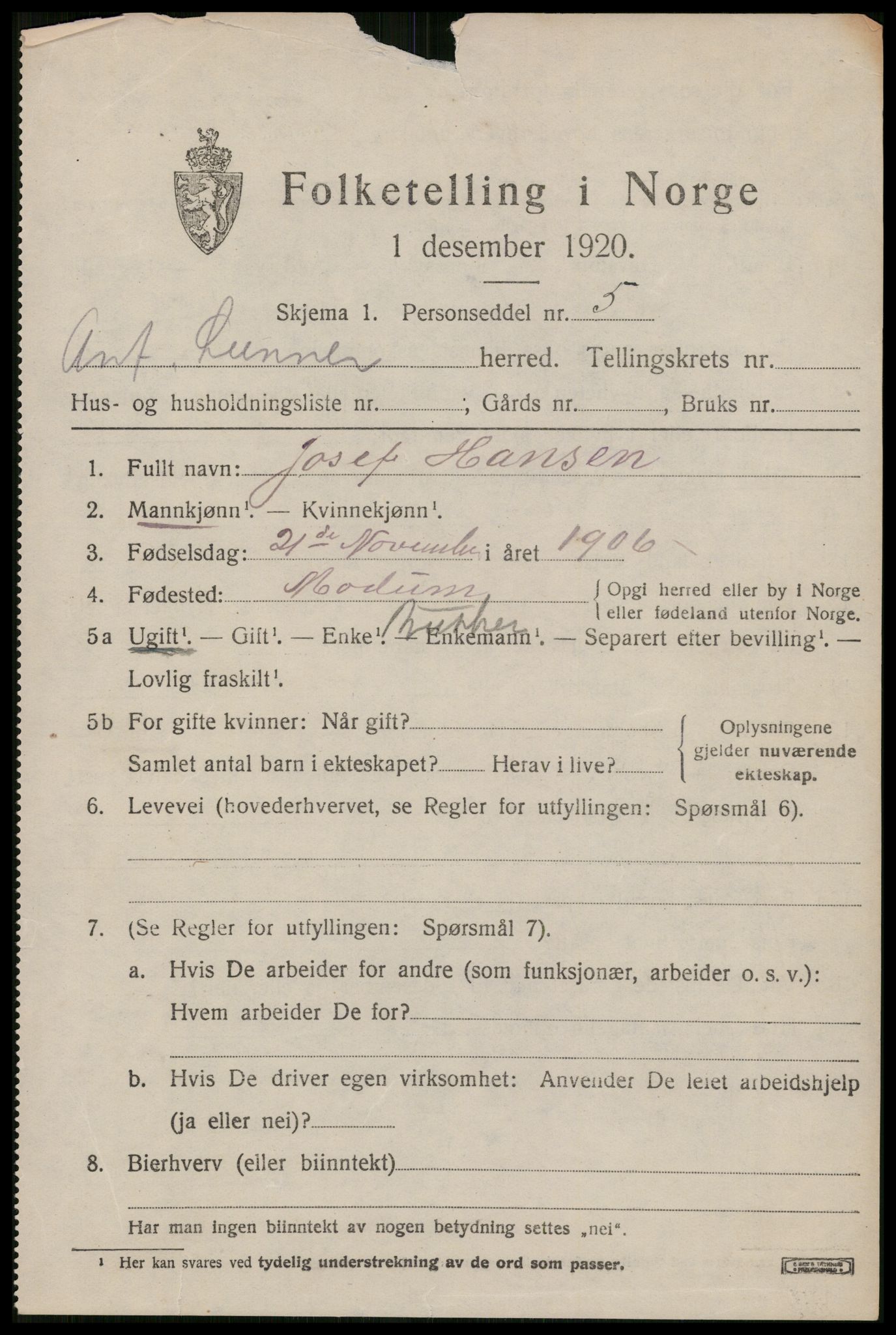 RA, 1920 census: Additional forms, 1920, p. 265