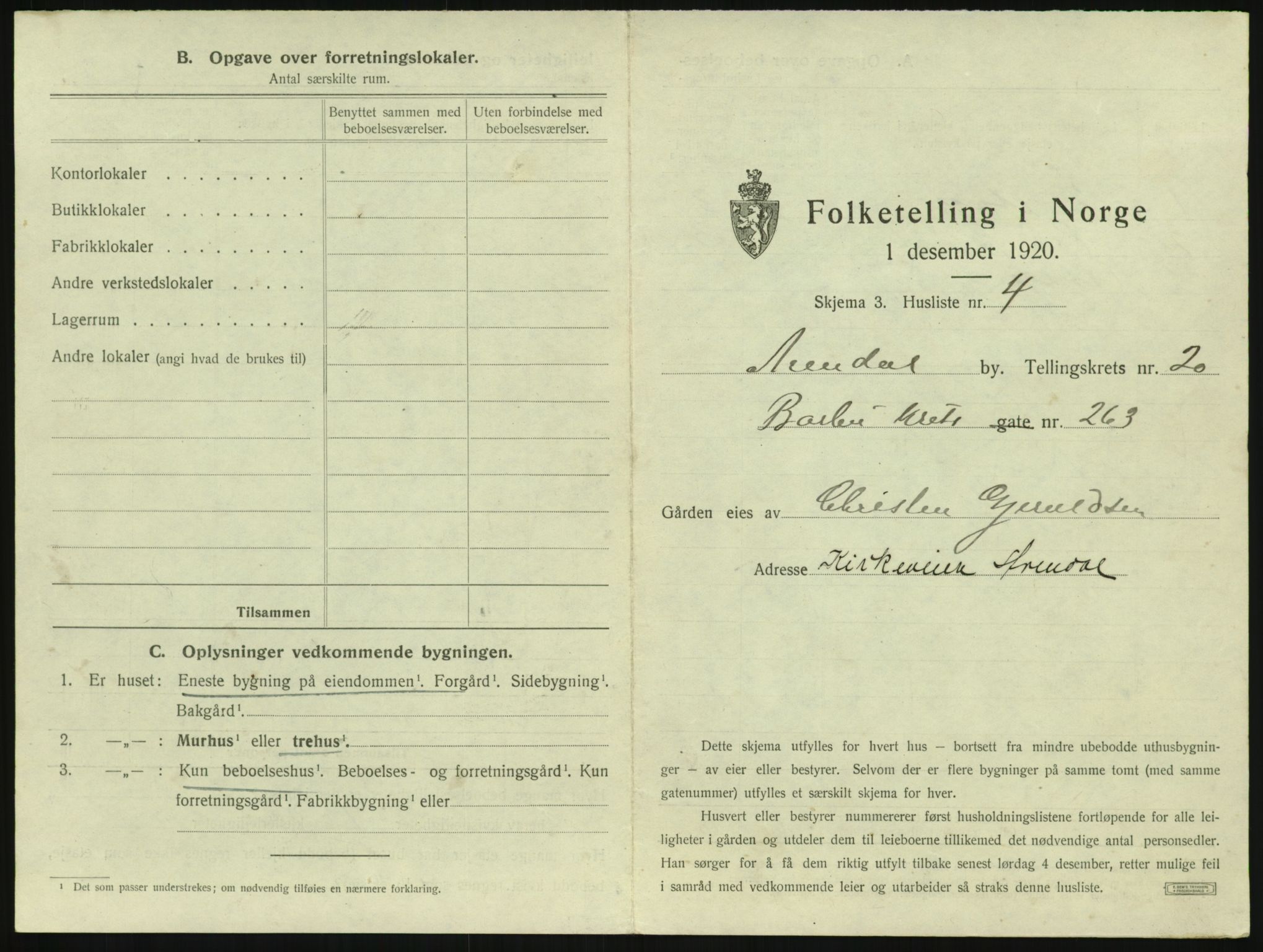 SAK, 1920 census for Arendal, 1920, p. 3108