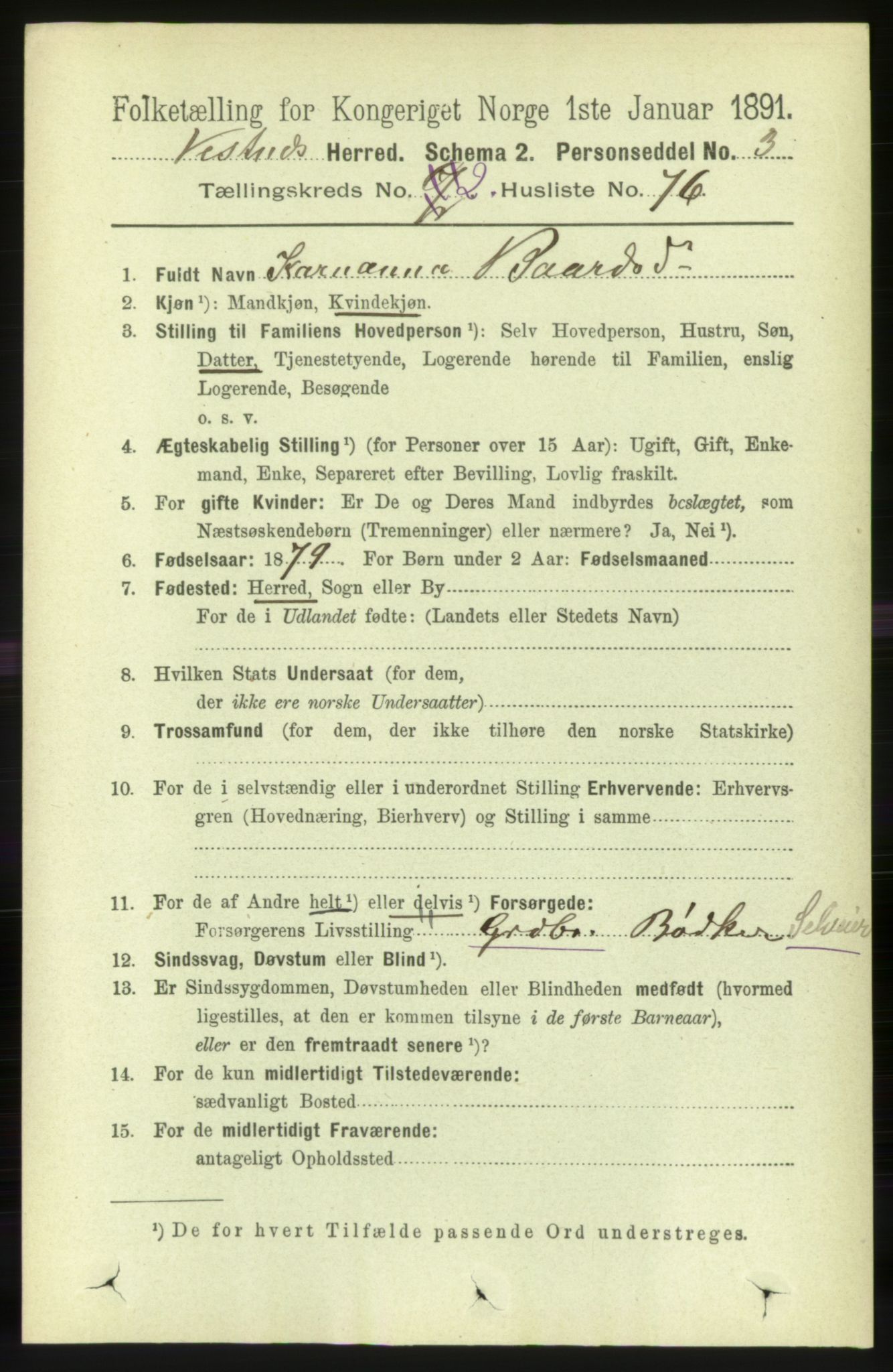 RA, 1891 census for 1535 Vestnes, 1891, p. 585