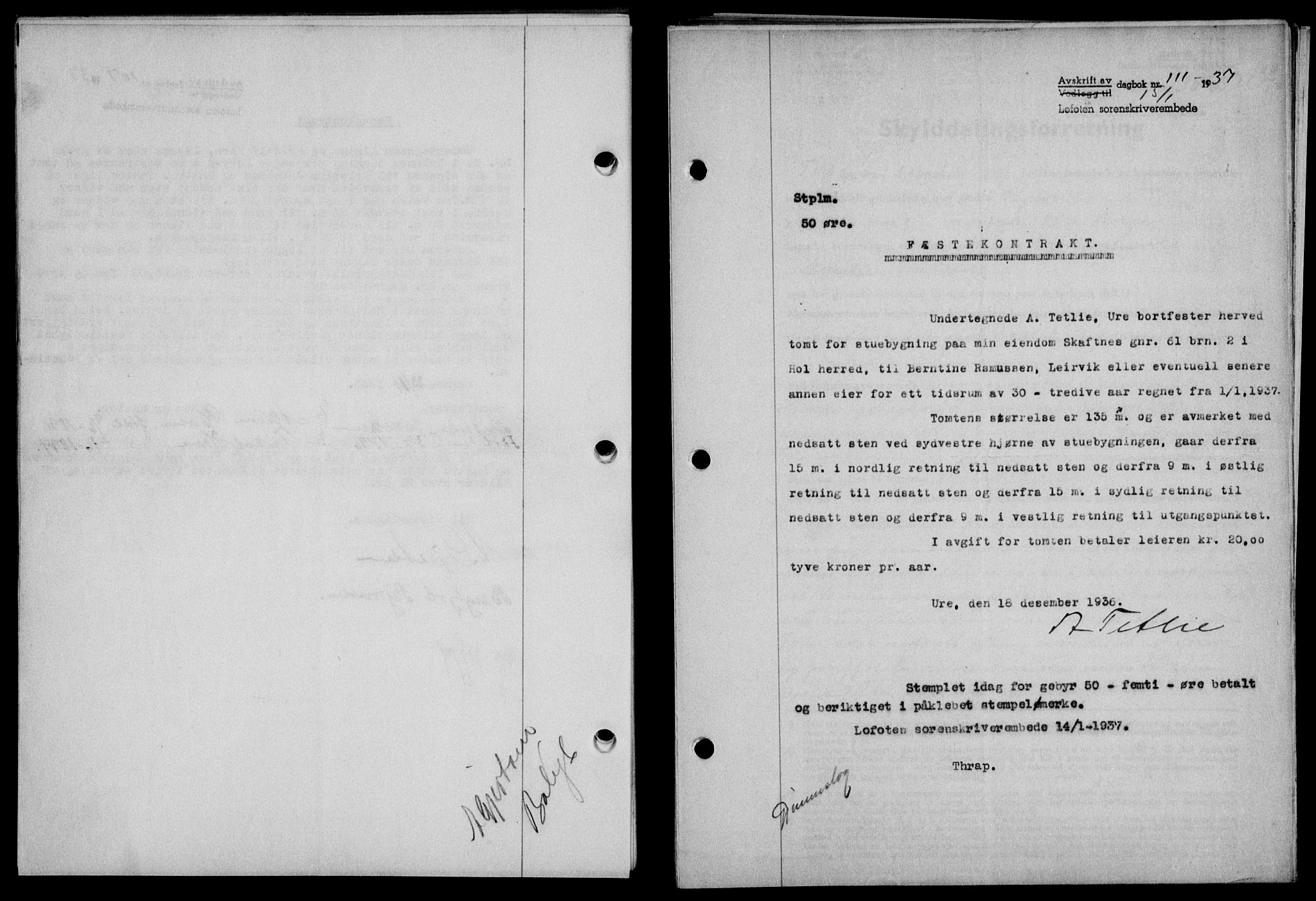 Lofoten sorenskriveri, SAT/A-0017/1/2/2C/L0001a: Mortgage book no. 1a, 1936-1937, Diary no: : 111/1937