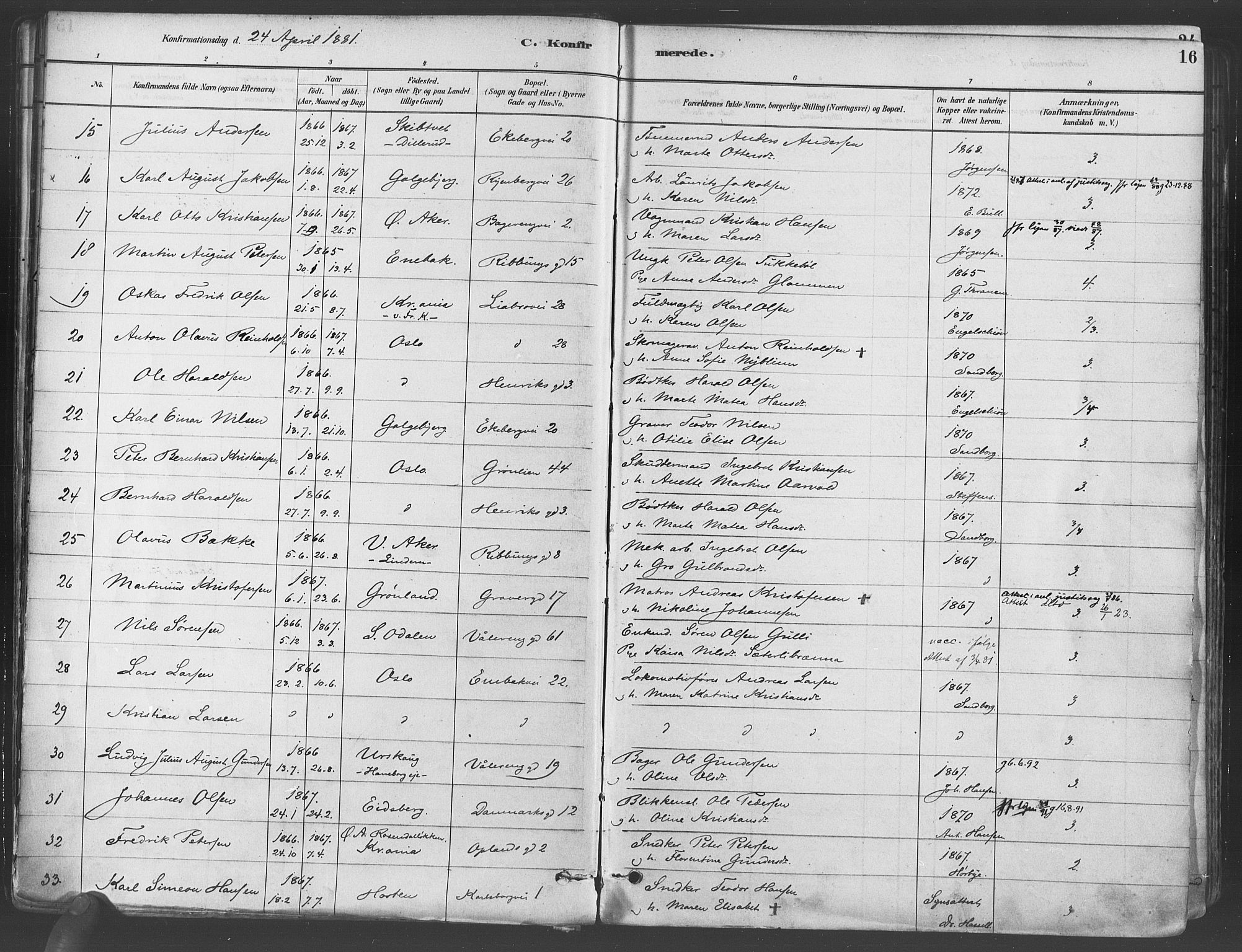 Gamlebyen prestekontor Kirkebøker, AV/SAO-A-10884/F/Fa/L0006: Parish register (official) no. 6, 1881-1890, p. 16