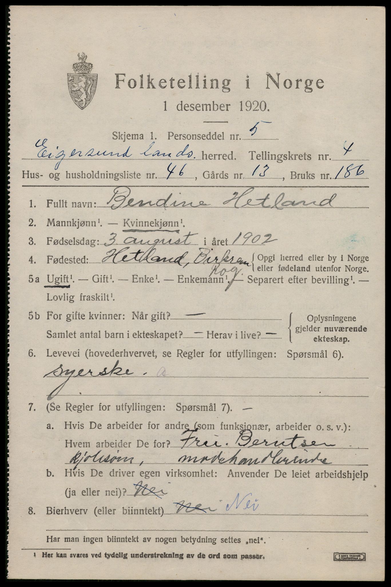 SAST, 1920 census for Eigersund, 1920, p. 3333