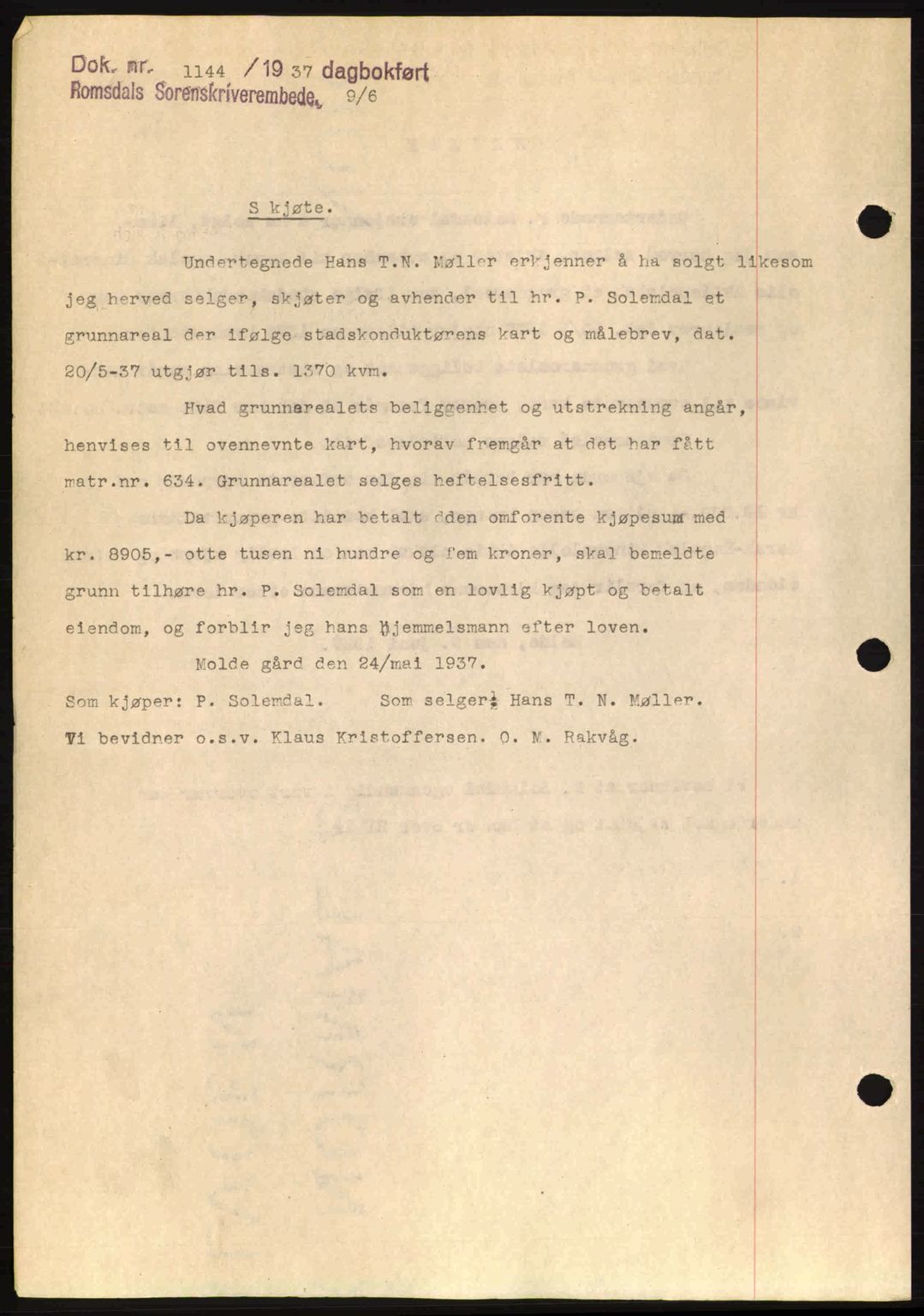 Romsdal sorenskriveri, SAT/A-4149/1/2/2C: Mortgage book no. A3, 1937-1937, Diary no: : 1145/1937