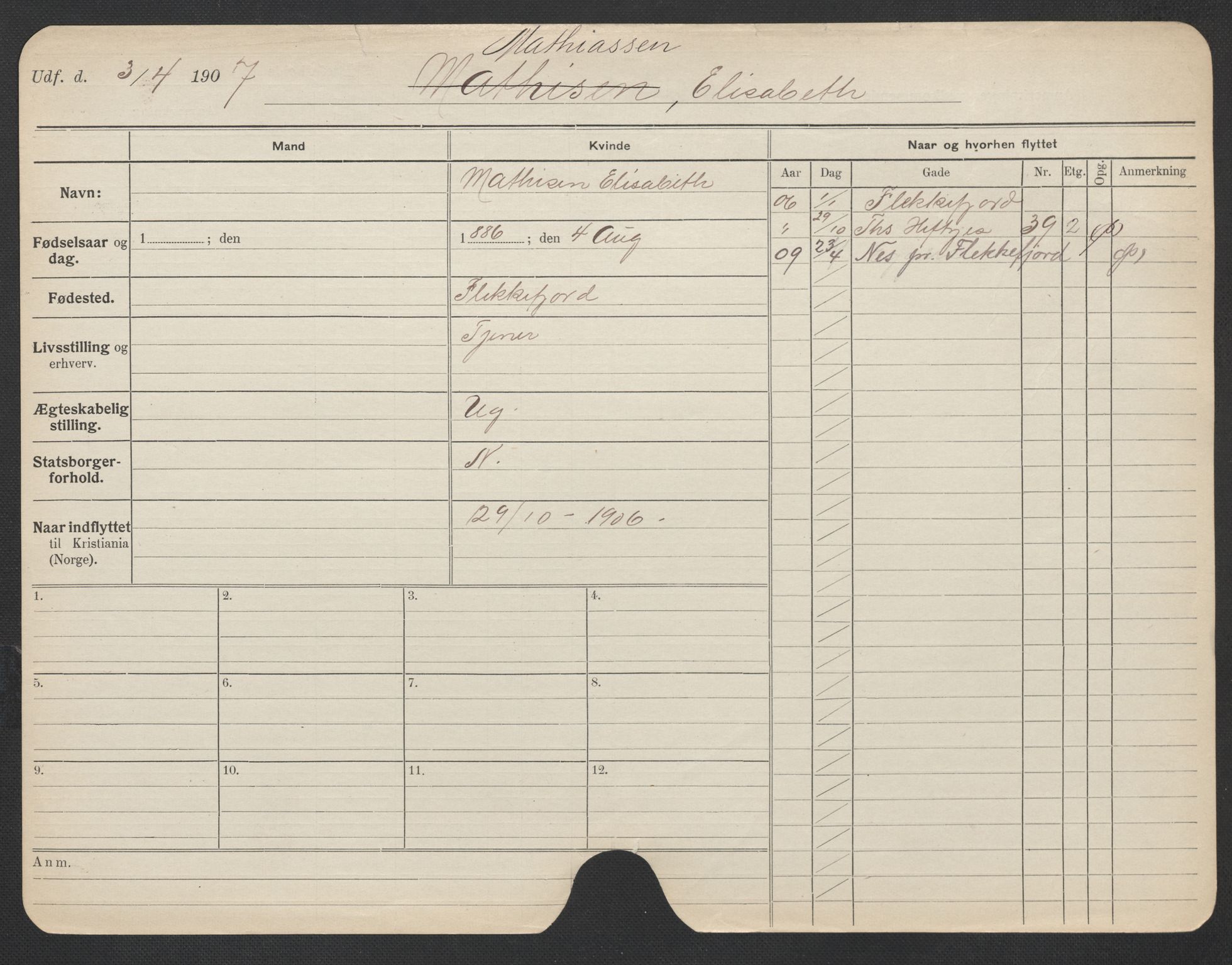 Oslo folkeregister, Registerkort, AV/SAO-A-11715/F/Fa/Fac/L0020: Kvinner, 1906-1914, p. 673a