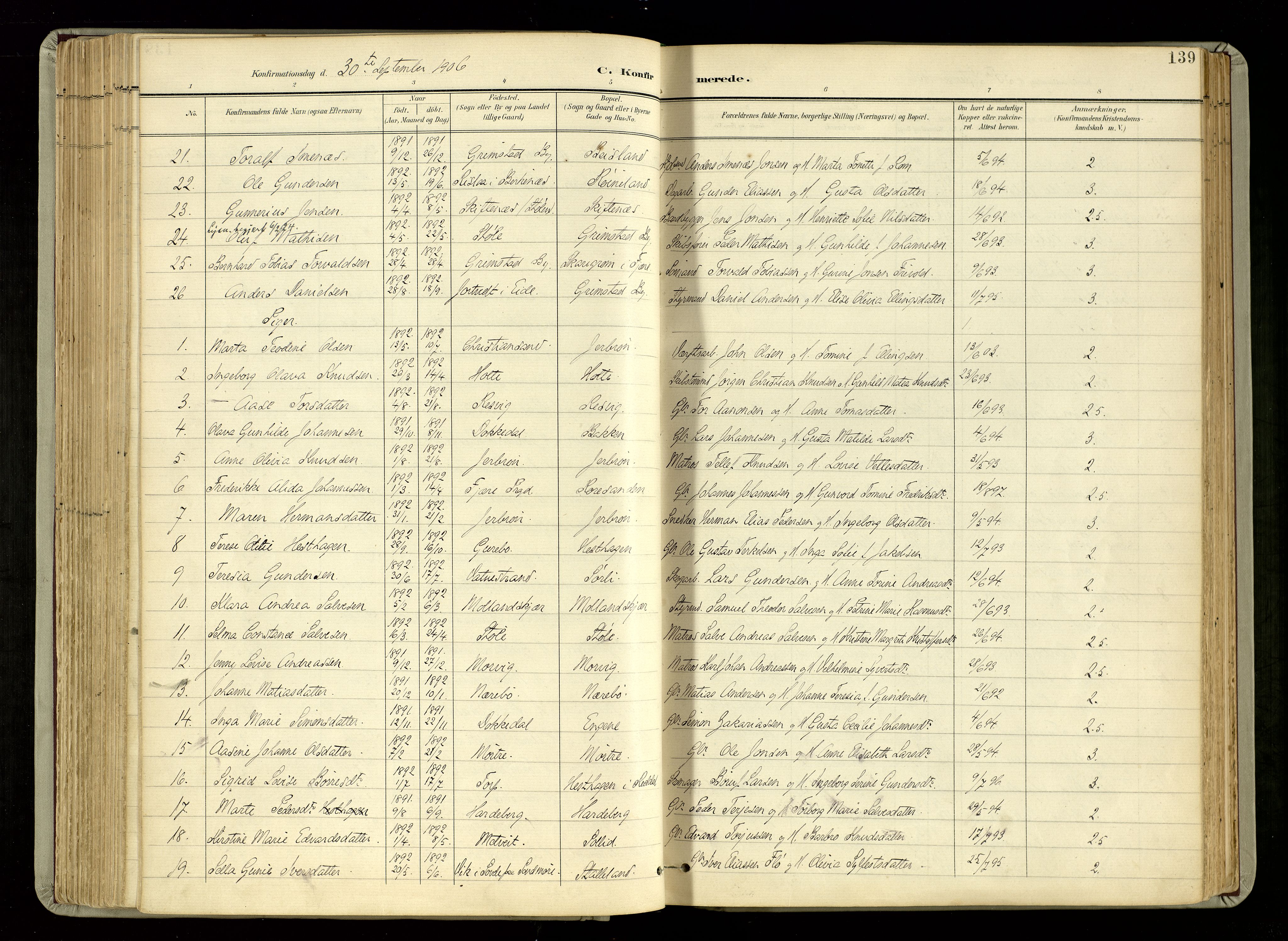 Hommedal sokneprestkontor, SAK/1111-0023/F/Fa/Fab/L0007: Parish register (official) no. A 7, 1898-1924, p. 139