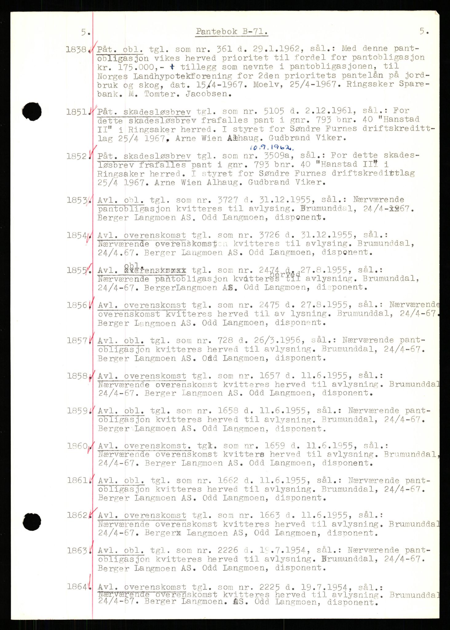 Nord-Hedmark sorenskriveri, SAH/TING-012/H/Hb/Hbf/L0071: Mortgage book no. B71, 1967-1967, Diary no: : 1838/1967