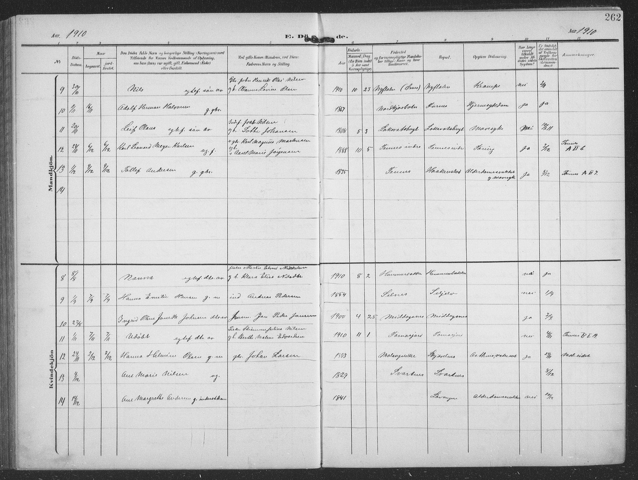 Balsfjord sokneprestembete, SATØ/S-1303/G/Ga/L0009klokker: Parish register (copy) no. 9, 1906-1920, p. 262