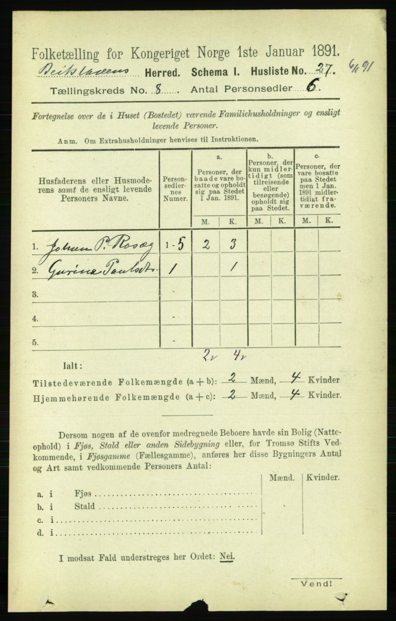 RA, 1891 census for 1727 Beitstad, 1891, p. 2148