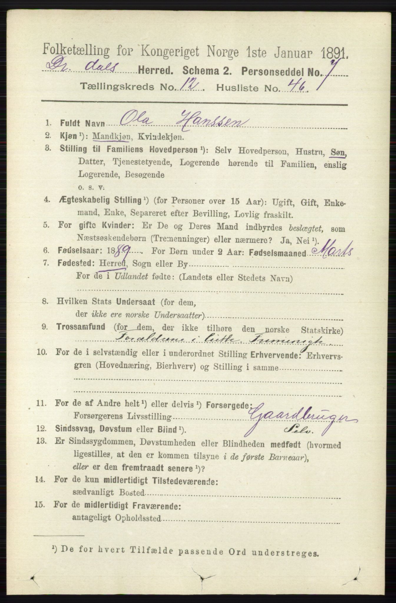 RA, 1891 census for 0817 Drangedal, 1891, p. 4656