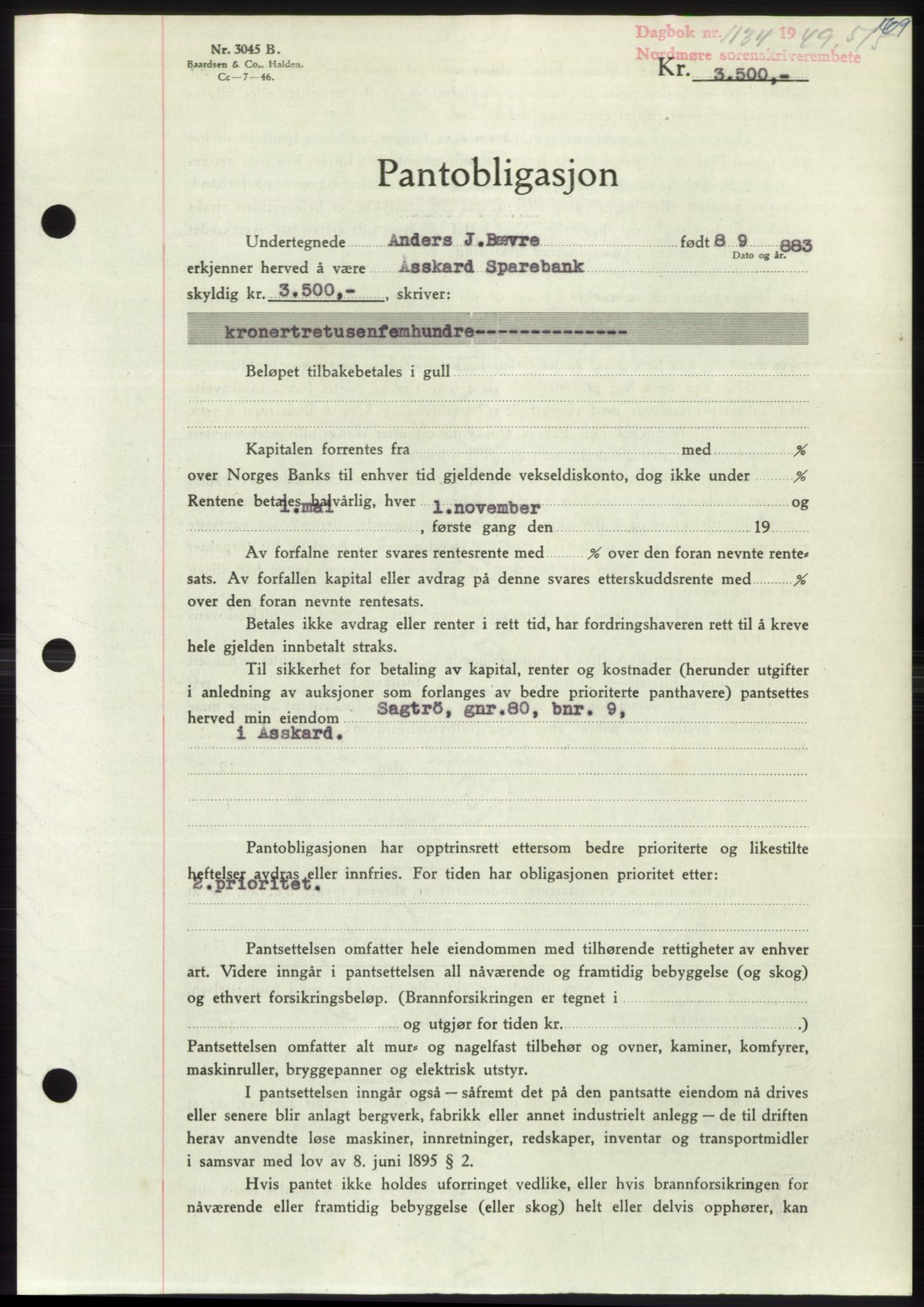 Nordmøre sorenskriveri, AV/SAT-A-4132/1/2/2Ca: Mortgage book no. B101, 1949-1949, Diary no: : 1134/1949