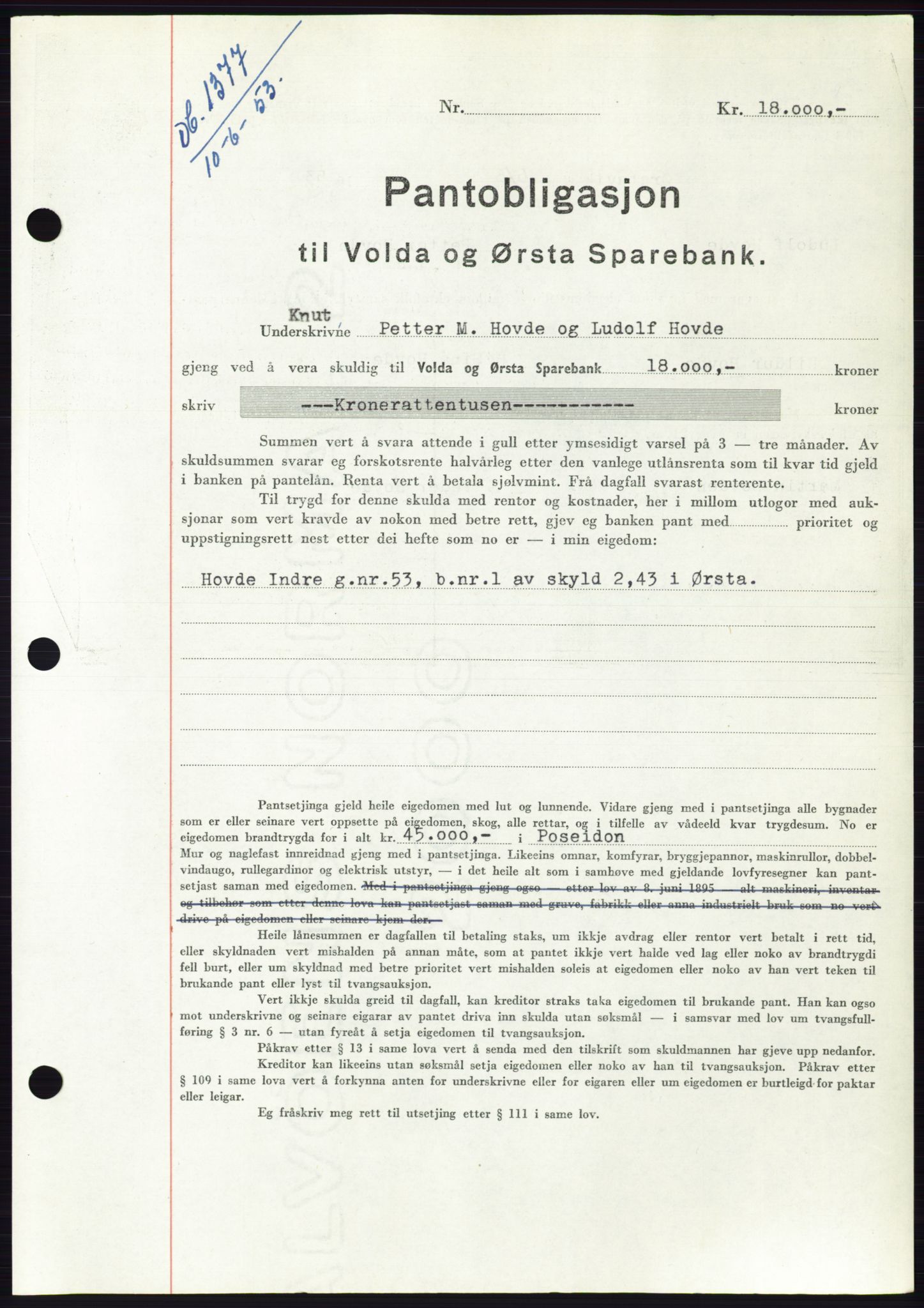 Søre Sunnmøre sorenskriveri, SAT/A-4122/1/2/2C/L0123: Mortgage book no. 11B, 1953-1953, Diary no: : 1377/1953
