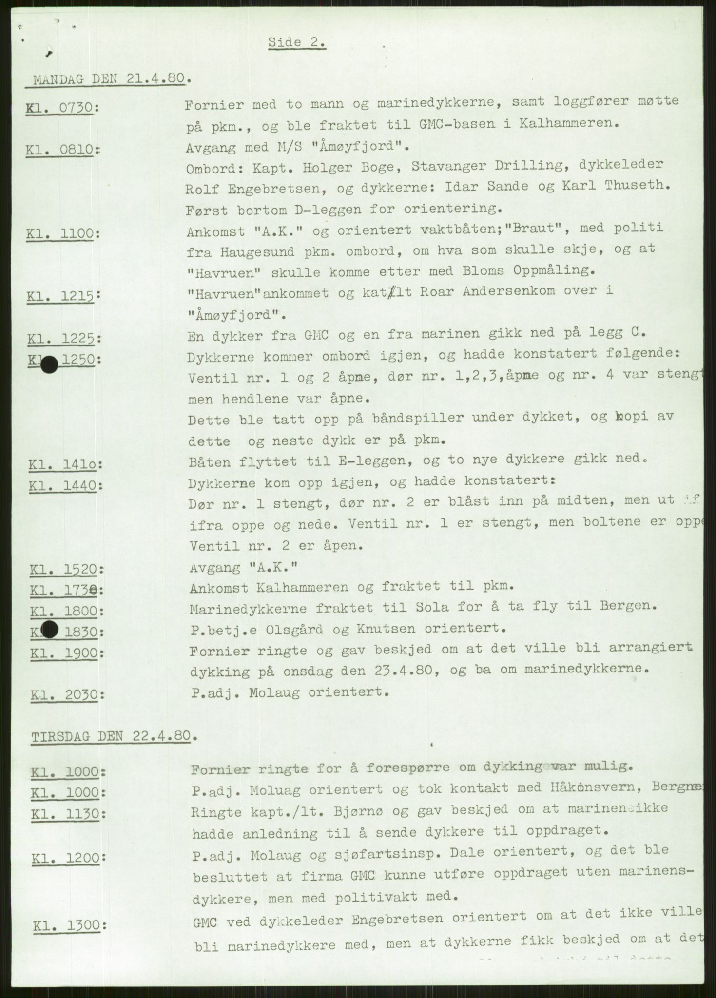 Justisdepartementet, Granskningskommisjonen ved Alexander Kielland-ulykken 27.3.1980, RA/S-1165/D/L0006: A Alexander L. Kielland (Doku.liste + A3-A6, A11-A13, A18-A20-A21, A23, A31 av 31)/Dykkerjournaler, 1980-1981, p. 655