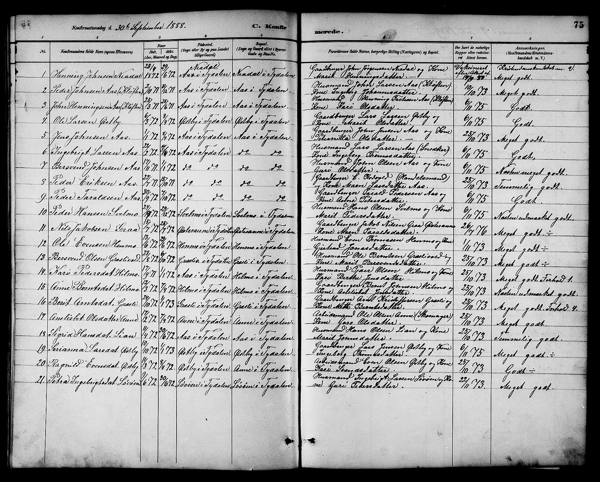 Ministerialprotokoller, klokkerbøker og fødselsregistre - Sør-Trøndelag, SAT/A-1456/698/L1167: Parish register (copy) no. 698C04, 1888-1907, p. 75
