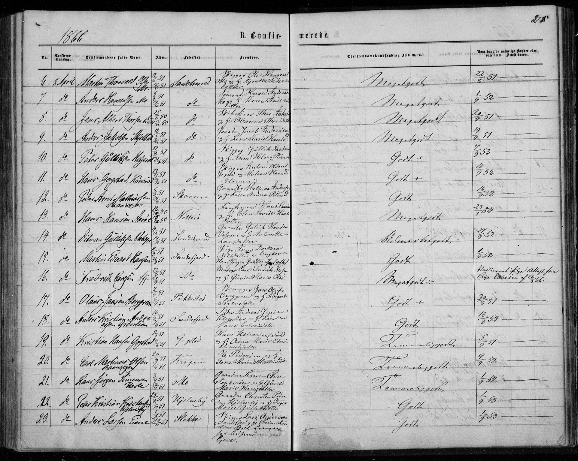 Sandar kirkebøker, SAKO/A-243/F/Fa/L0008: Parish register (official) no. 8, 1862-1871, p. 275