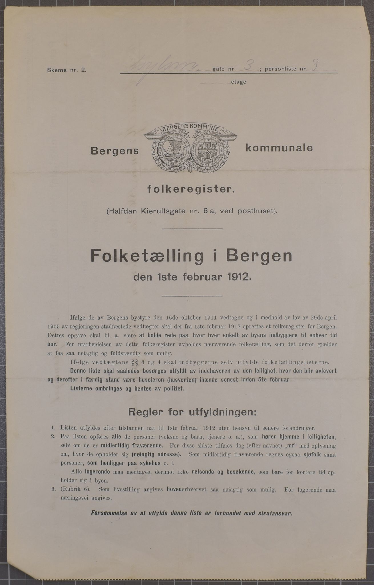 SAB, Municipal Census 1912 for Bergen, 1912, p. 1721