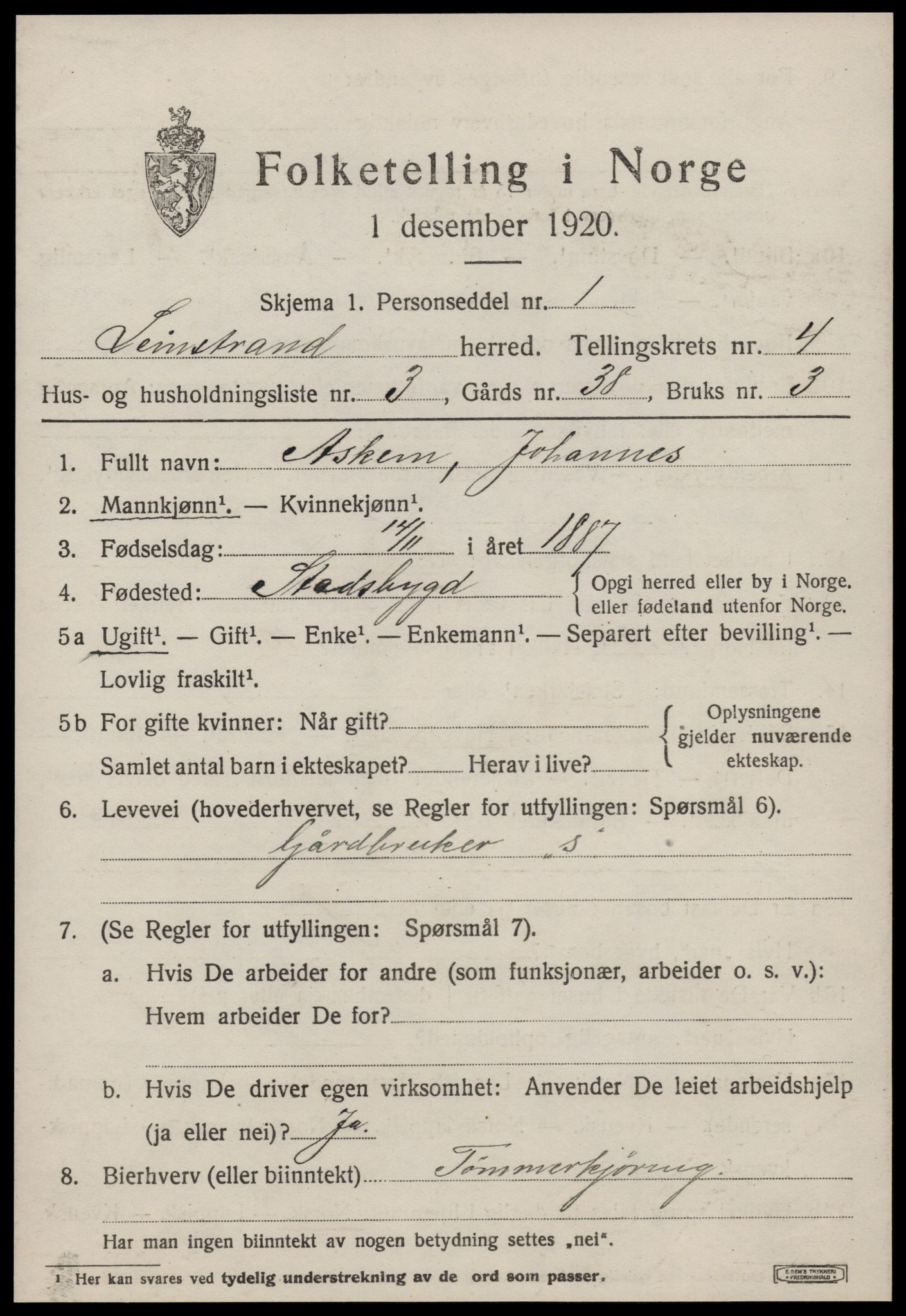 SAT, 1920 census for Leinstrand, 1920, p. 3839