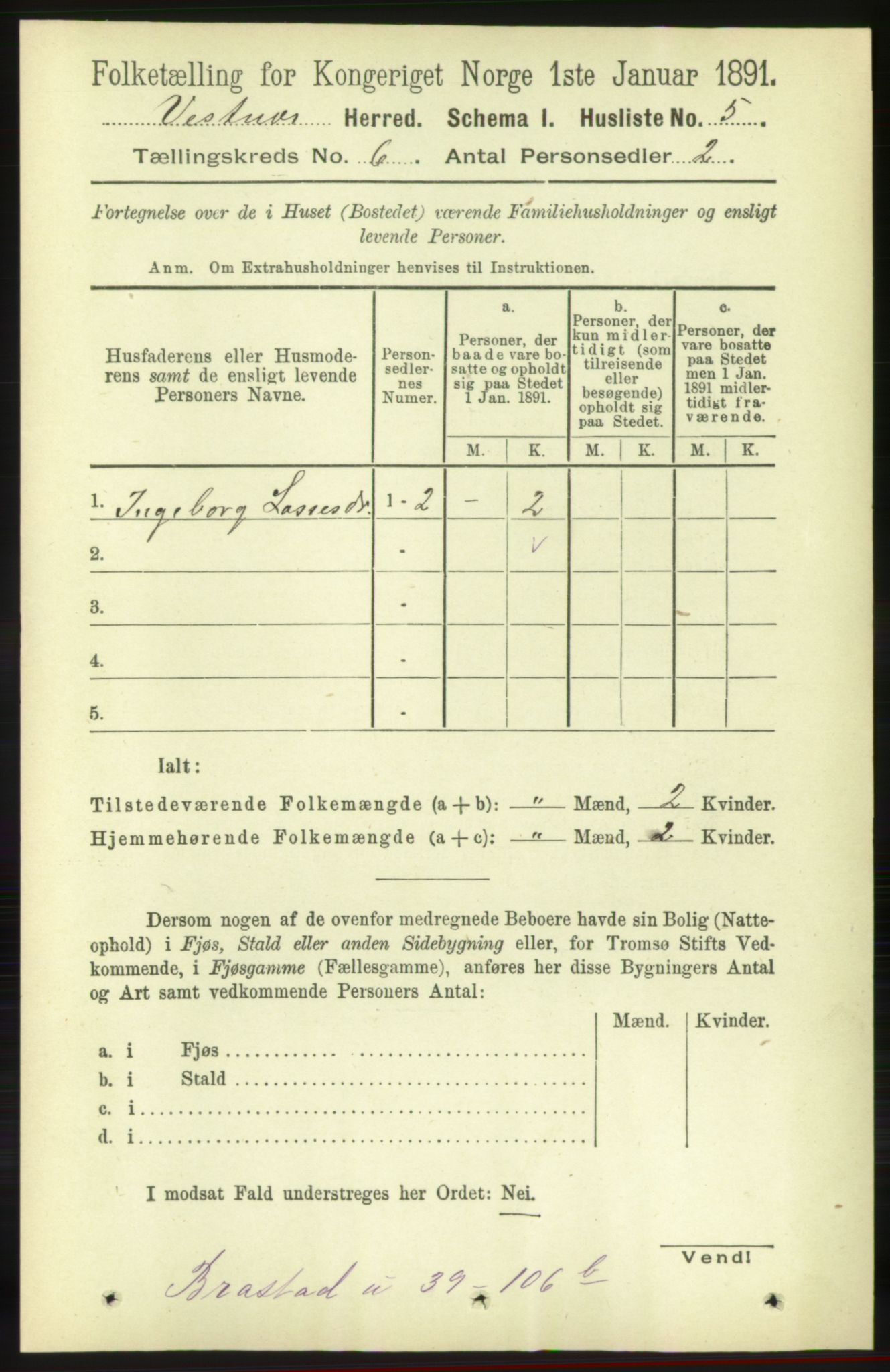 RA, 1891 census for 1535 Vestnes, 1891, p. 2125