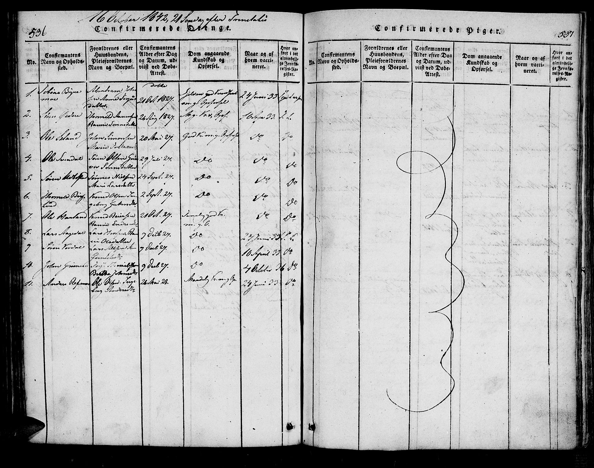 Bjelland sokneprestkontor, SAK/1111-0005/F/Fa/Fac/L0001: Parish register (official) no. A 1, 1815-1866, p. 536-537