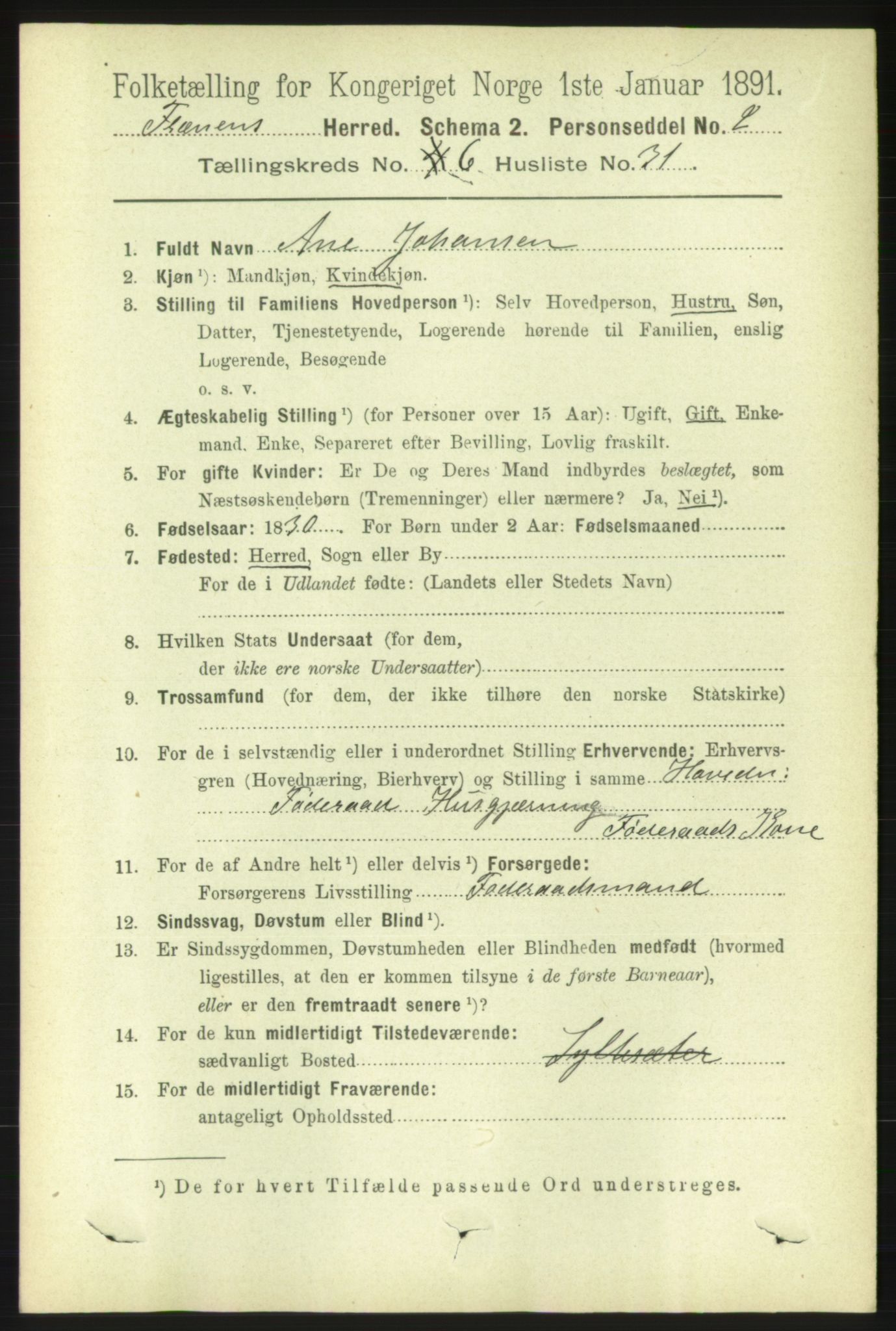 RA, 1891 census for 1548 Fræna, 1891, p. 2030