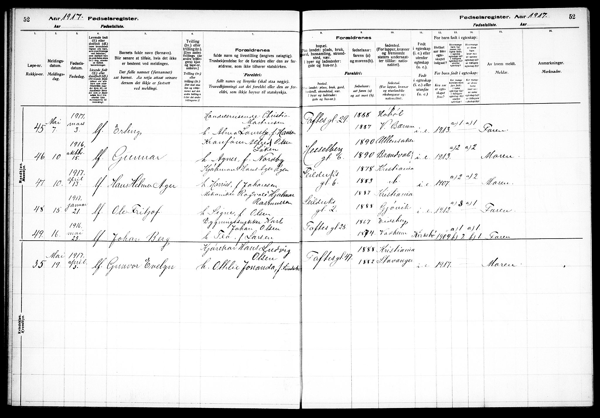 Paulus prestekontor Kirkebøker, AV/SAO-A-10871/J/Ja/L0001: Birth register no. 1, 1916-1923, p. 52