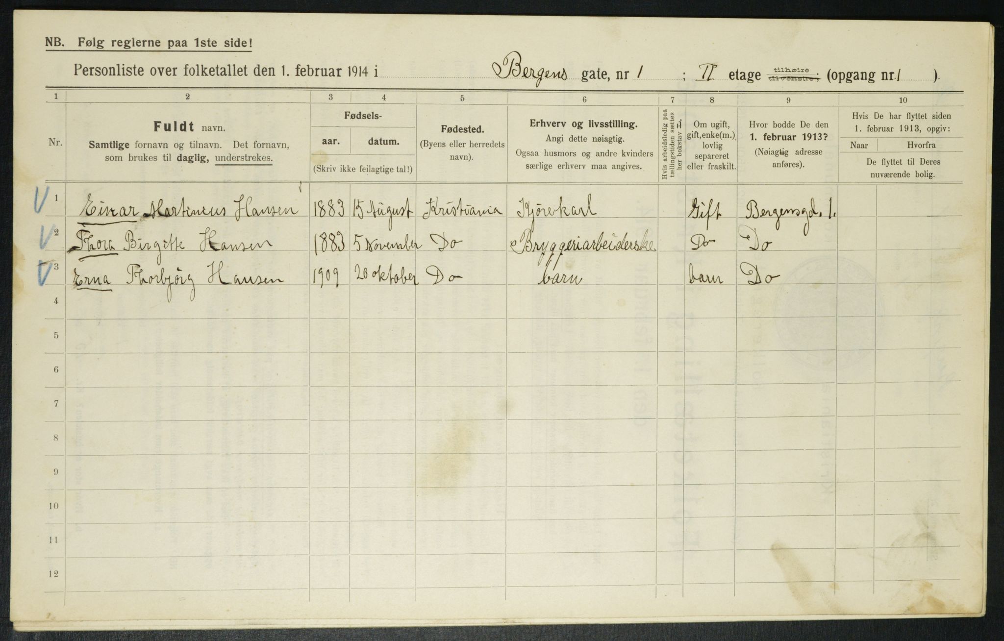 OBA, Municipal Census 1914 for Kristiania, 1914, p. 3706