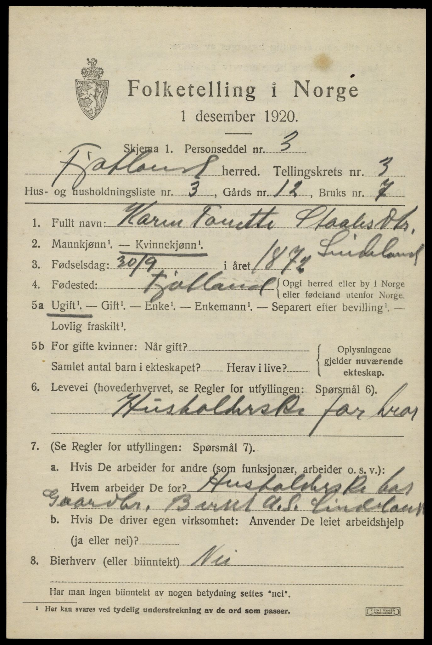 SAK, 1920 census for Fjotland, 1920, p. 958