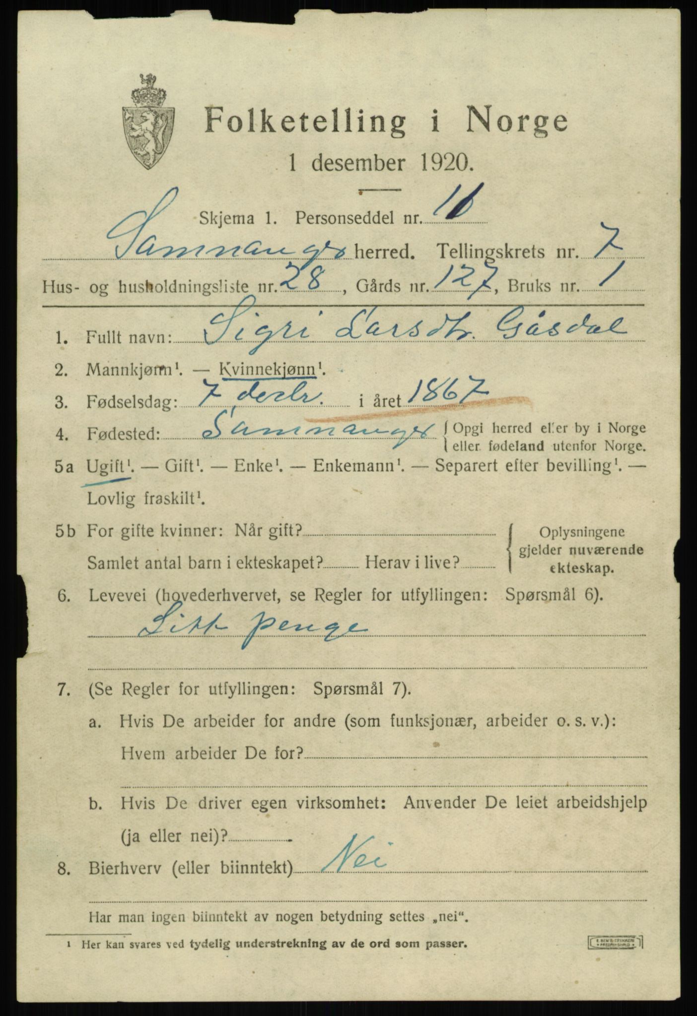 SAB, 1920 census for Samnanger, 1920, p. 3523