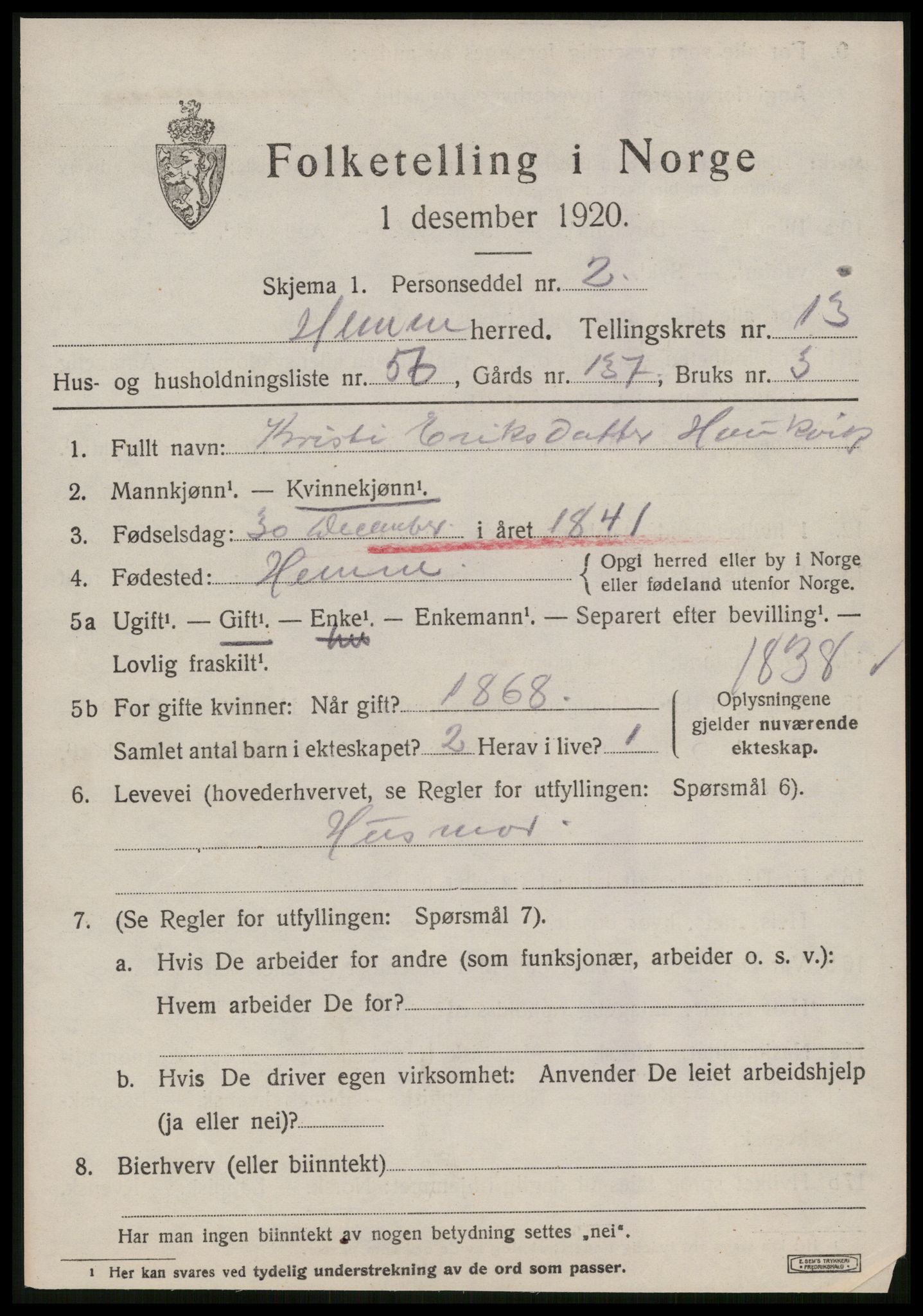 SAT, 1920 census for Hemne, 1920, p. 7926