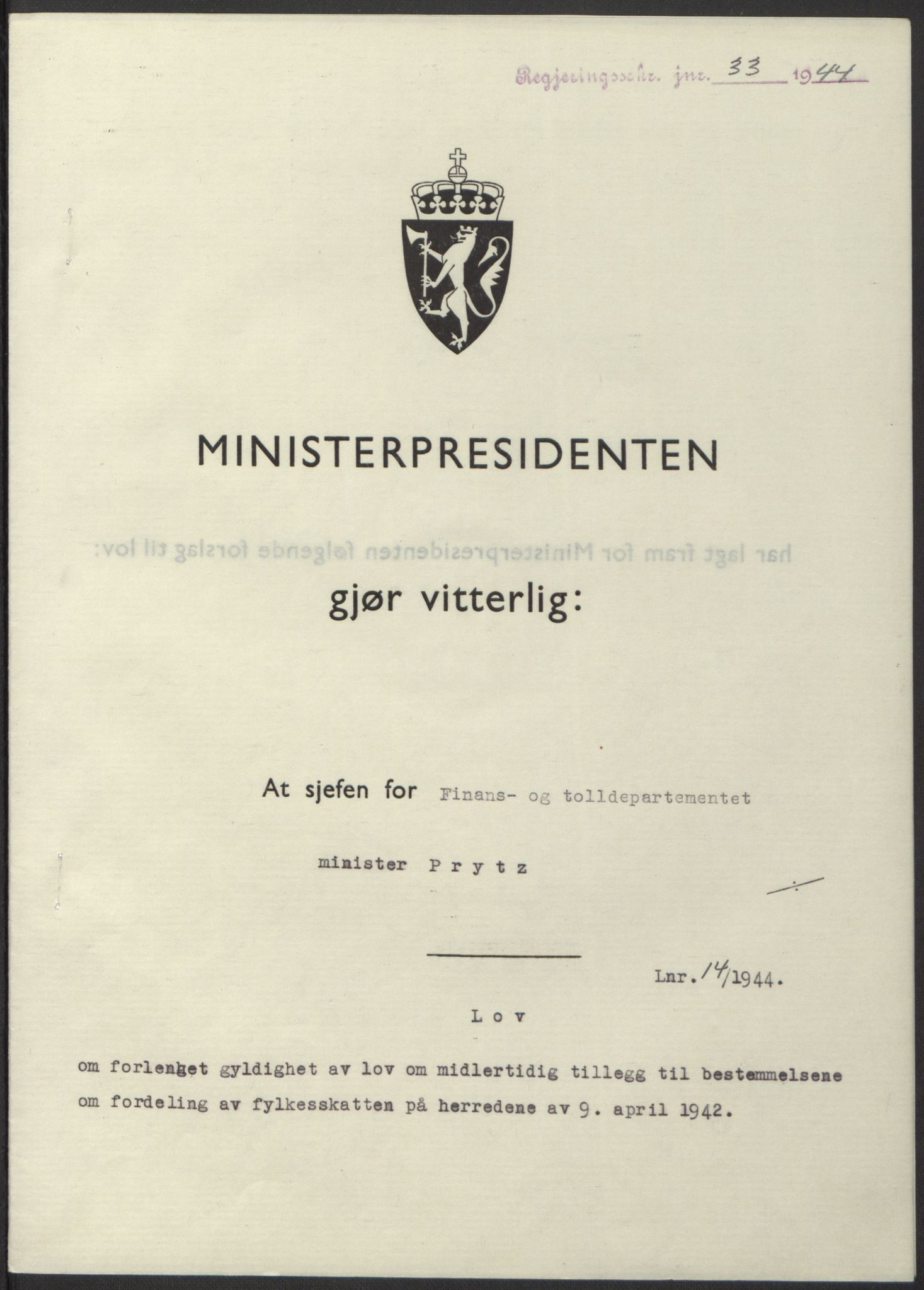 NS-administrasjonen 1940-1945 (Statsrådsekretariatet, de kommisariske statsråder mm), RA/S-4279/D/Db/L0100: Lover, 1944, p. 60