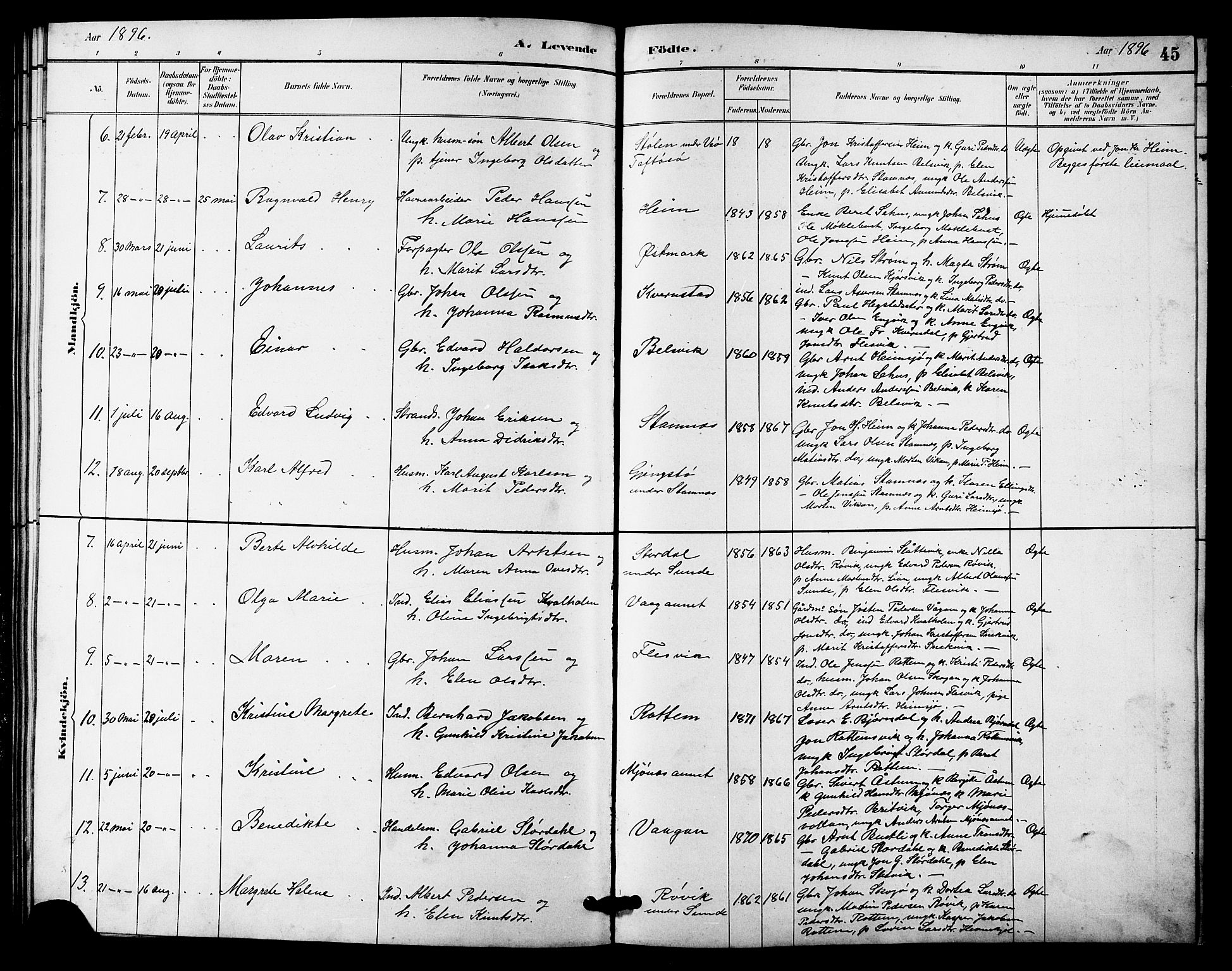 Ministerialprotokoller, klokkerbøker og fødselsregistre - Sør-Trøndelag, AV/SAT-A-1456/633/L0519: Parish register (copy) no. 633C01, 1884-1905, p. 45