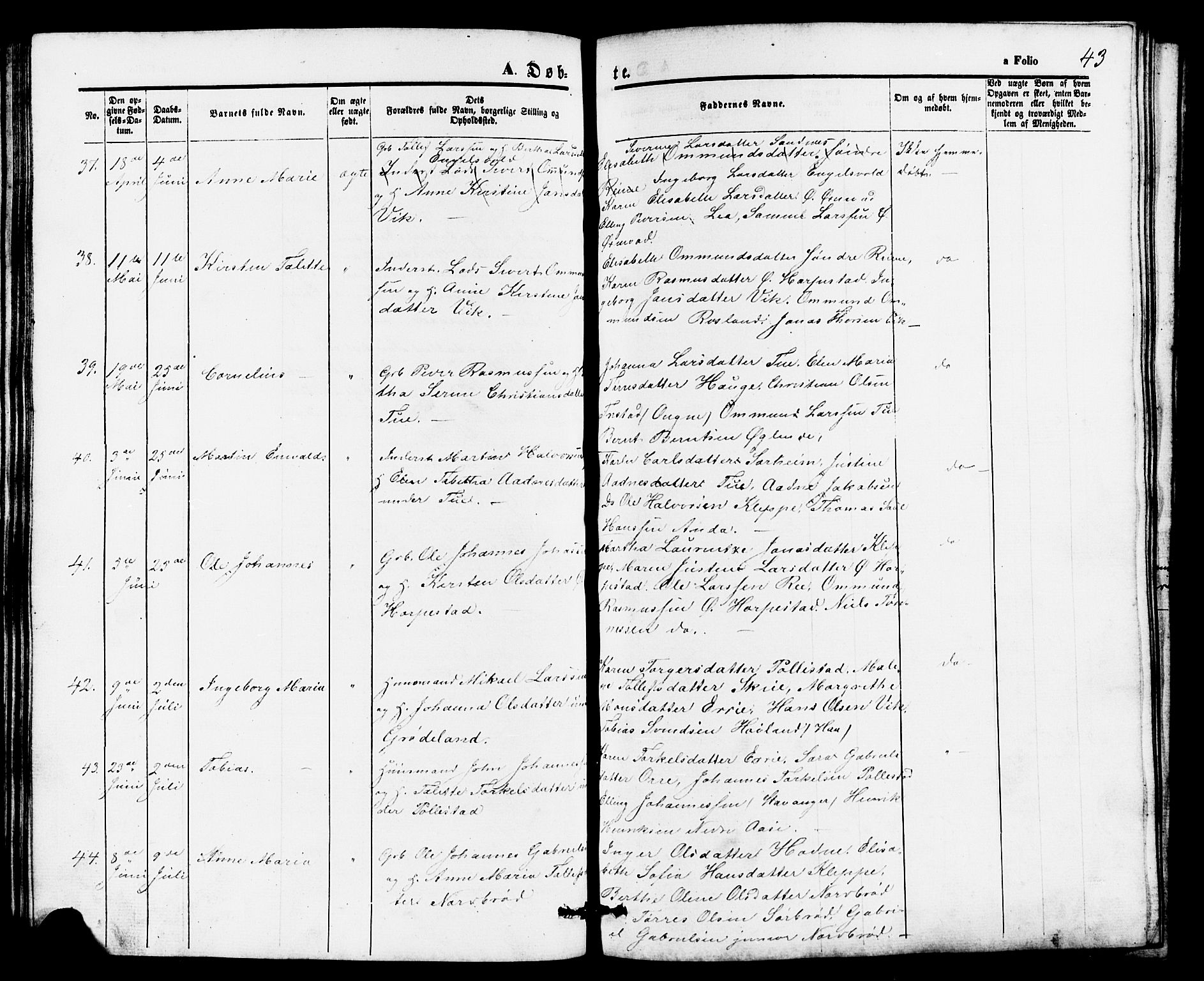 Klepp sokneprestkontor, AV/SAST-A-101803/001/3/30BB/L0002: Parish register (copy) no. B 2, 1860-1875, p. 43