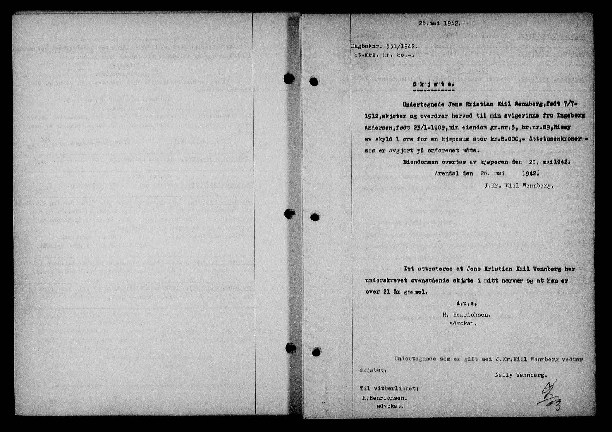 Nedenes sorenskriveri, SAK/1221-0006/G/Gb/Gba/L0049: Mortgage book no. A-III, 1941-1942, Diary no: : 551/1942