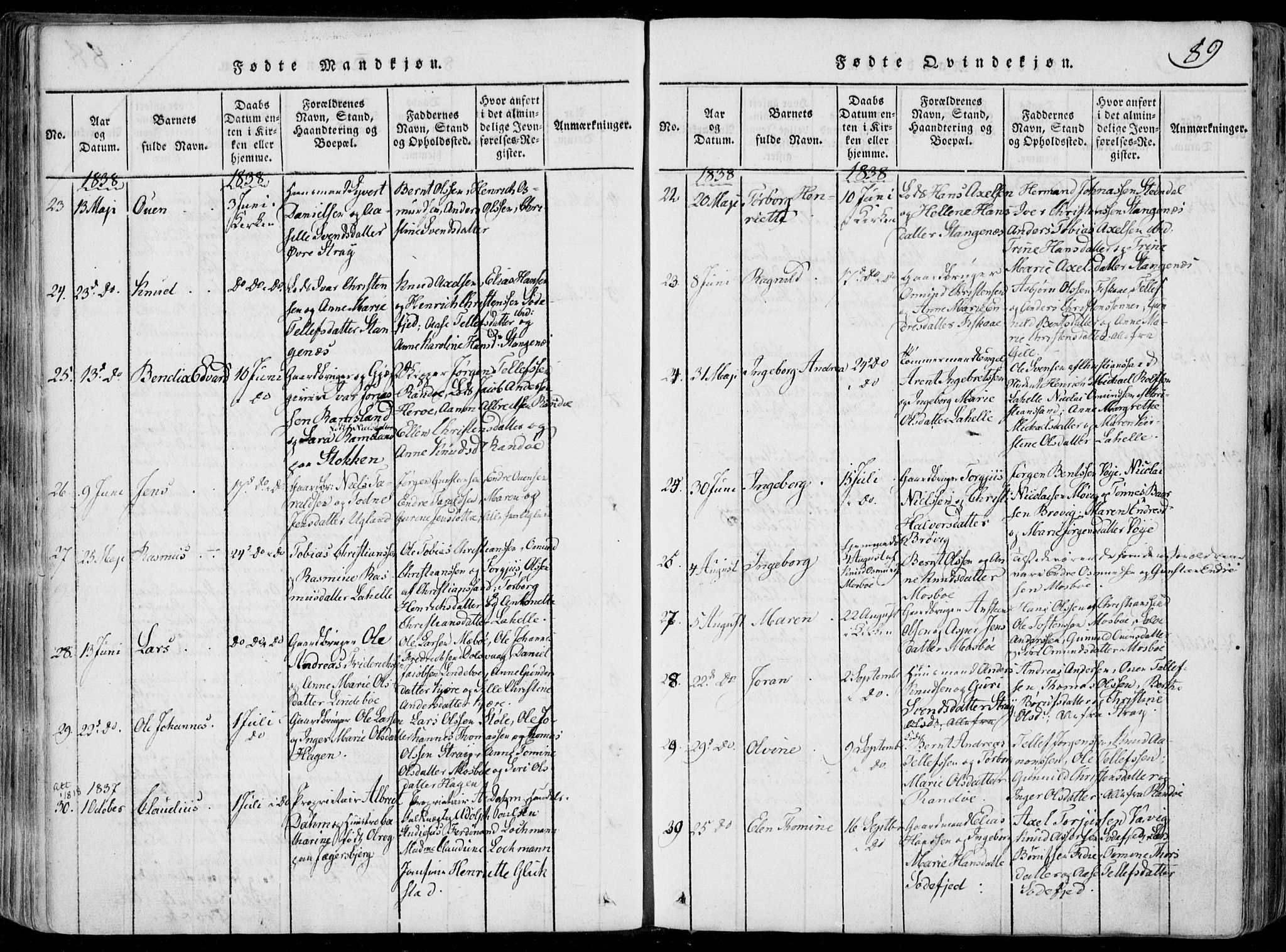 Oddernes sokneprestkontor, AV/SAK-1111-0033/F/Fa/Faa/L0005: Parish register (official) no. A 5, 1820-1838, p. 89