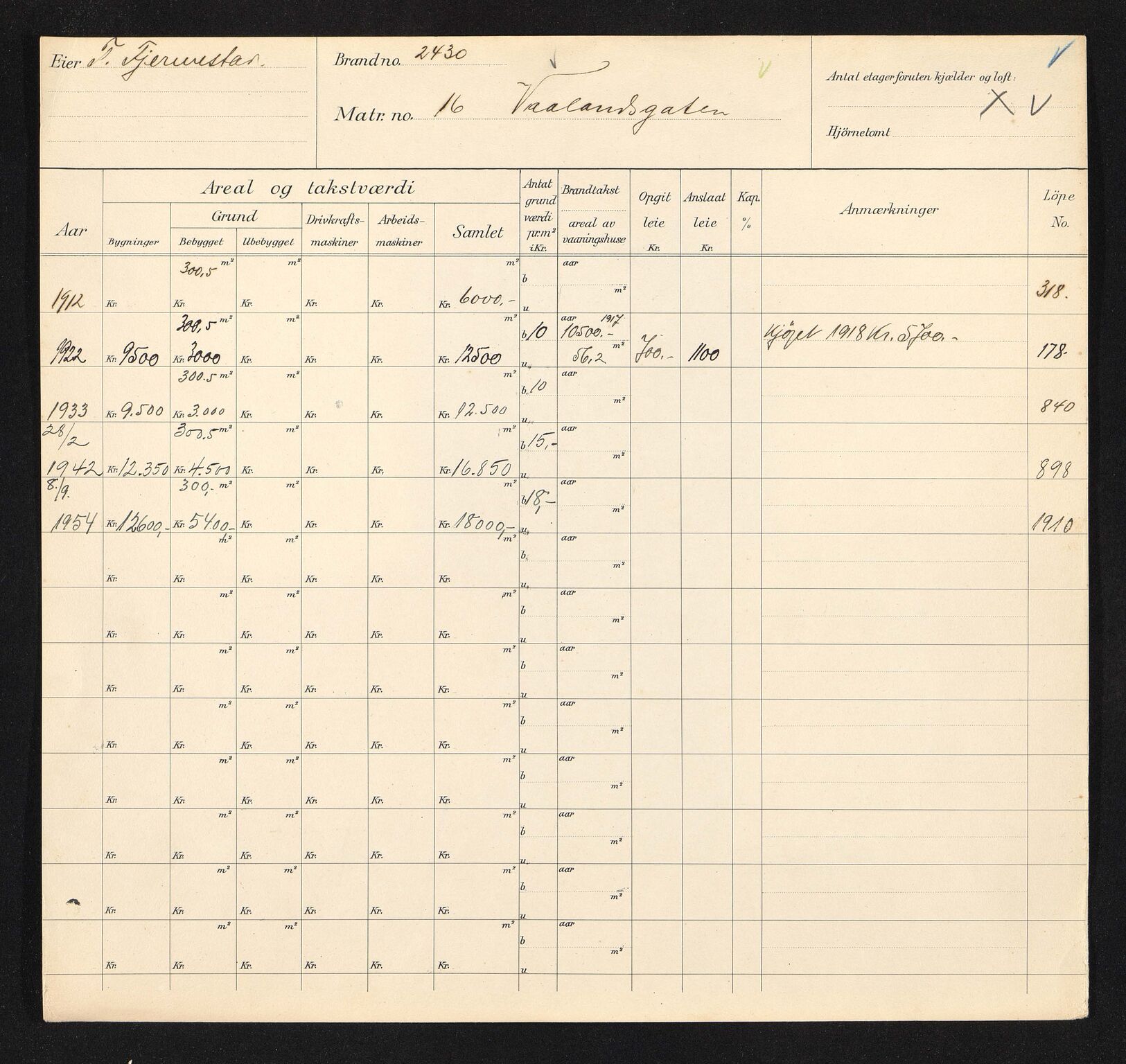 Stavanger kommune. Skattetakstvesenet, BYST/A-0440/F/Fa/Faa/L0046/0001: Skattetakstkort / Vålandsgata 16 - 76