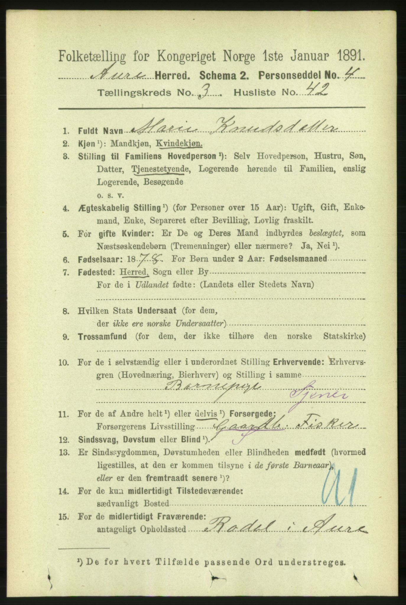 RA, 1891 census for 1569 Aure, 1891, p. 1835