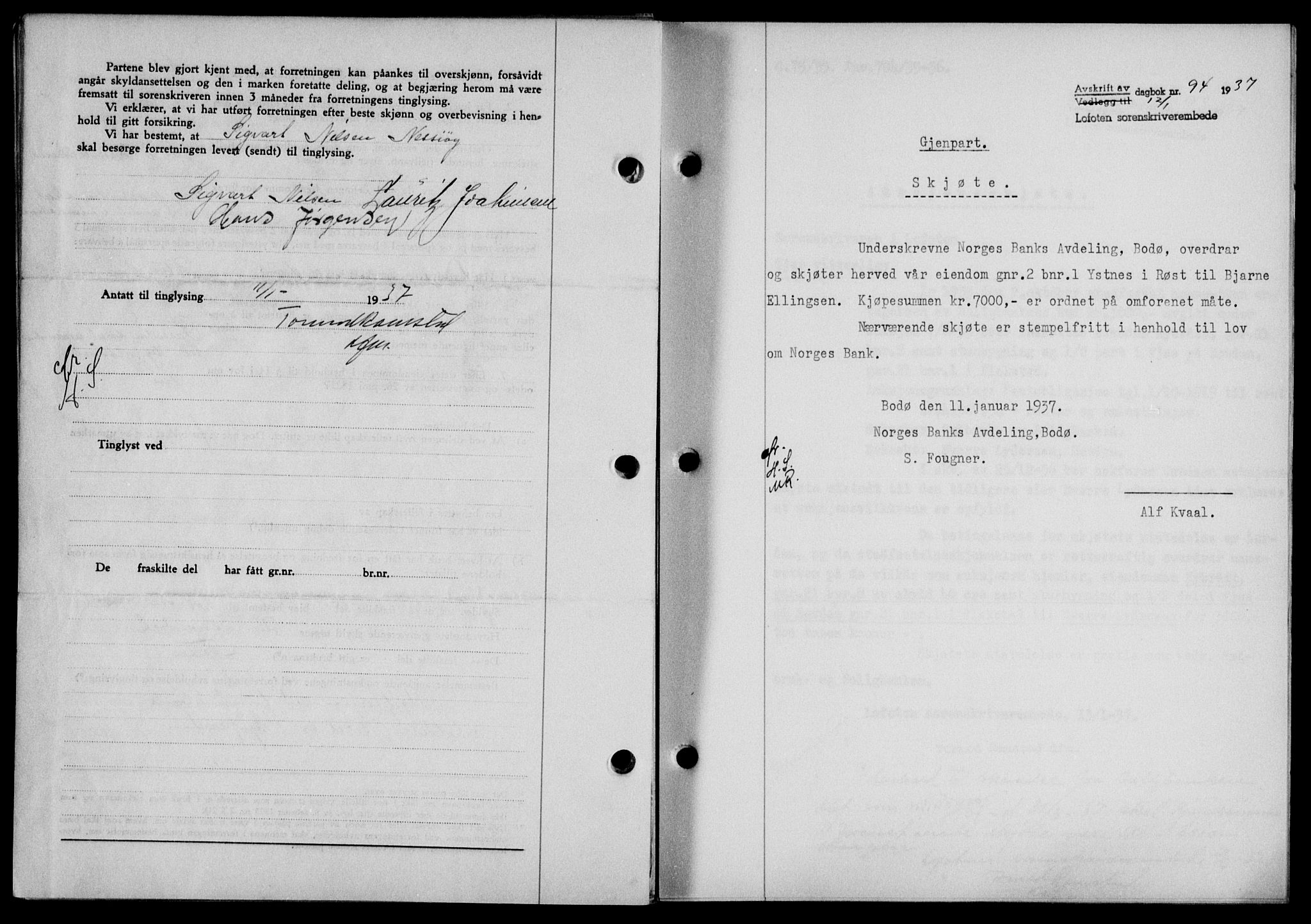 Lofoten sorenskriveri, SAT/A-0017/1/2/2C/L0001a: Mortgage book no. 1a, 1936-1937, Diary no: : 94/1937