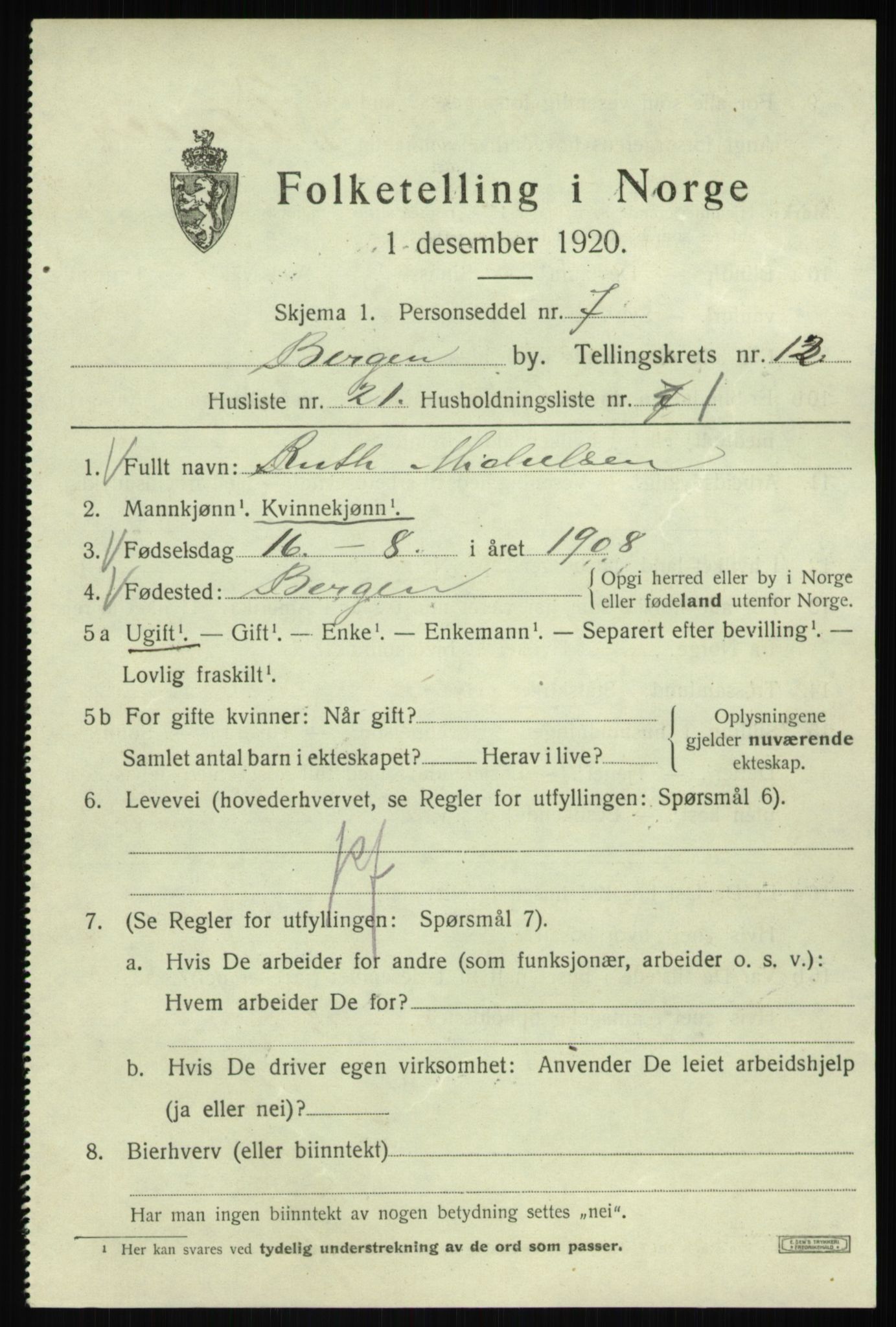 SAB, 1920 census for Bergen, 1920, p. 74294