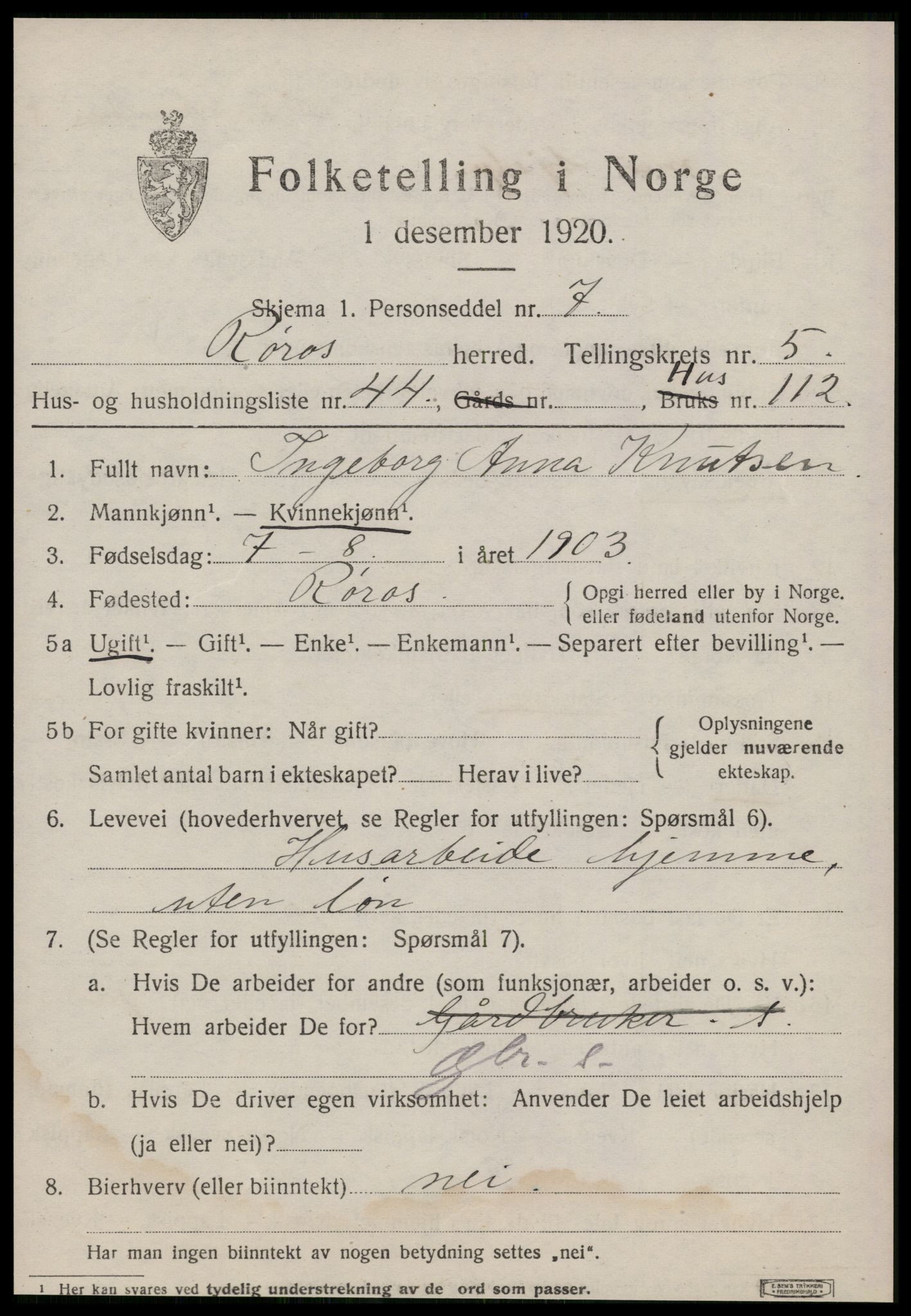 SAT, 1920 census for Røros, 1920, p. 5938