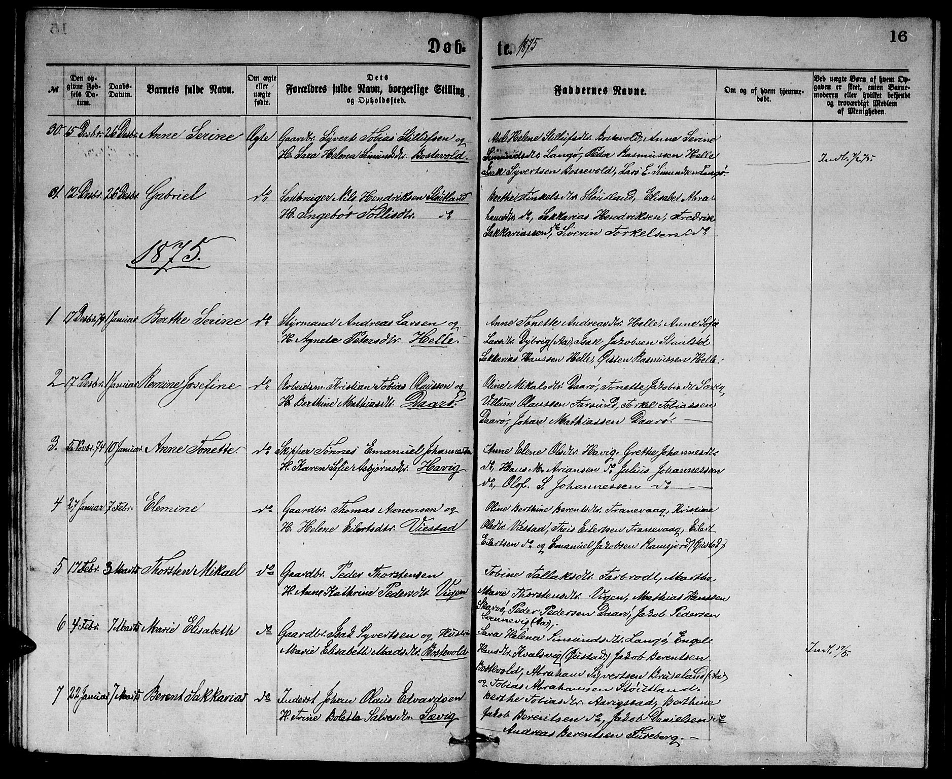 Herad sokneprestkontor, AV/SAK-1111-0018/F/Fb/Fbb/L0003: Parish register (copy) no. B 3, 1872-1889, p. 16