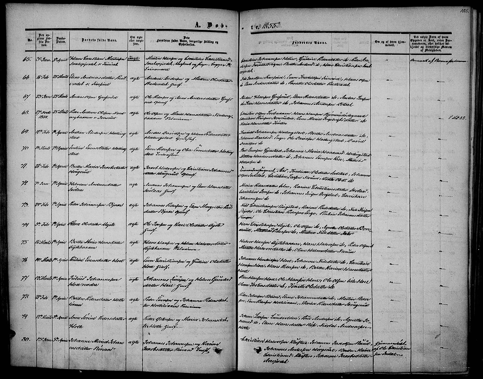 Vestre Toten prestekontor, SAH/PREST-108/H/Ha/Haa/L0005: Parish register (official) no. 5, 1850-1855, p. 108